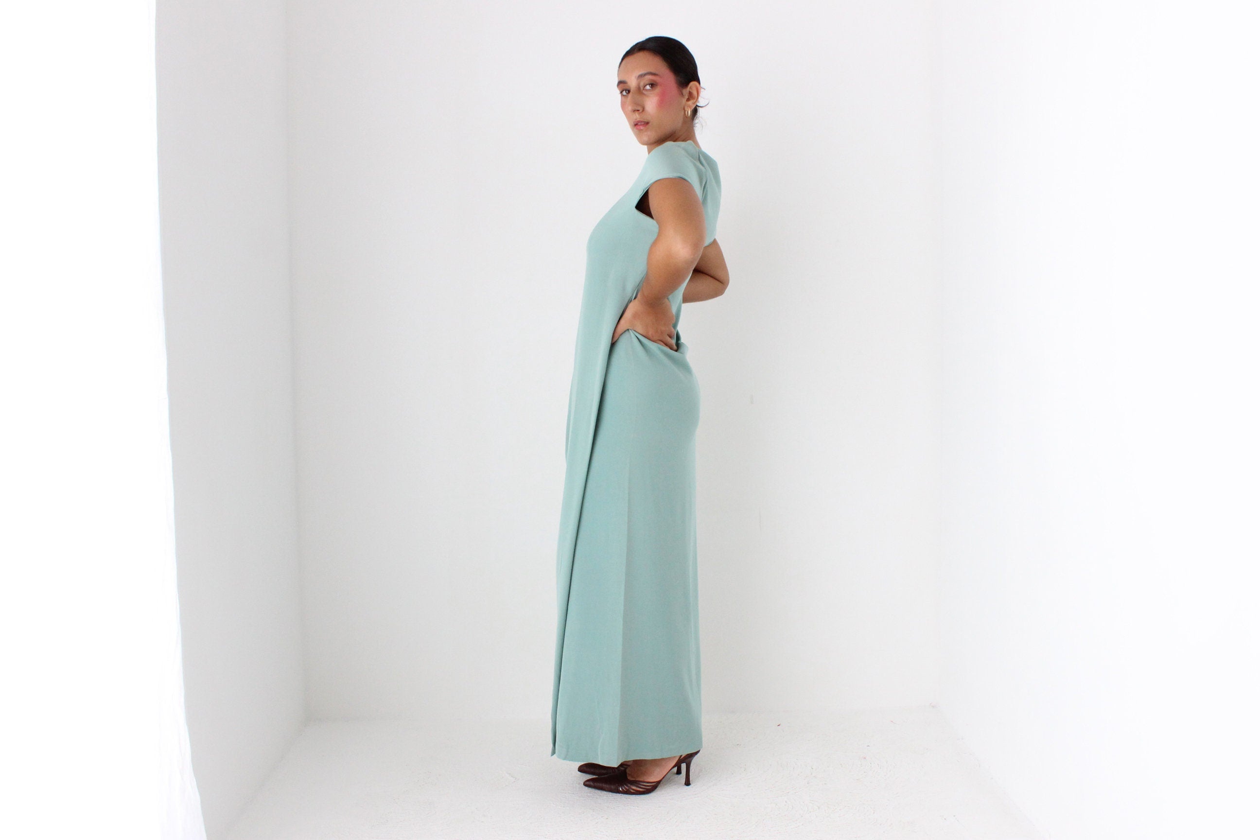 90s CALVIN KLEIN Mint Green Silk Minimal Gown