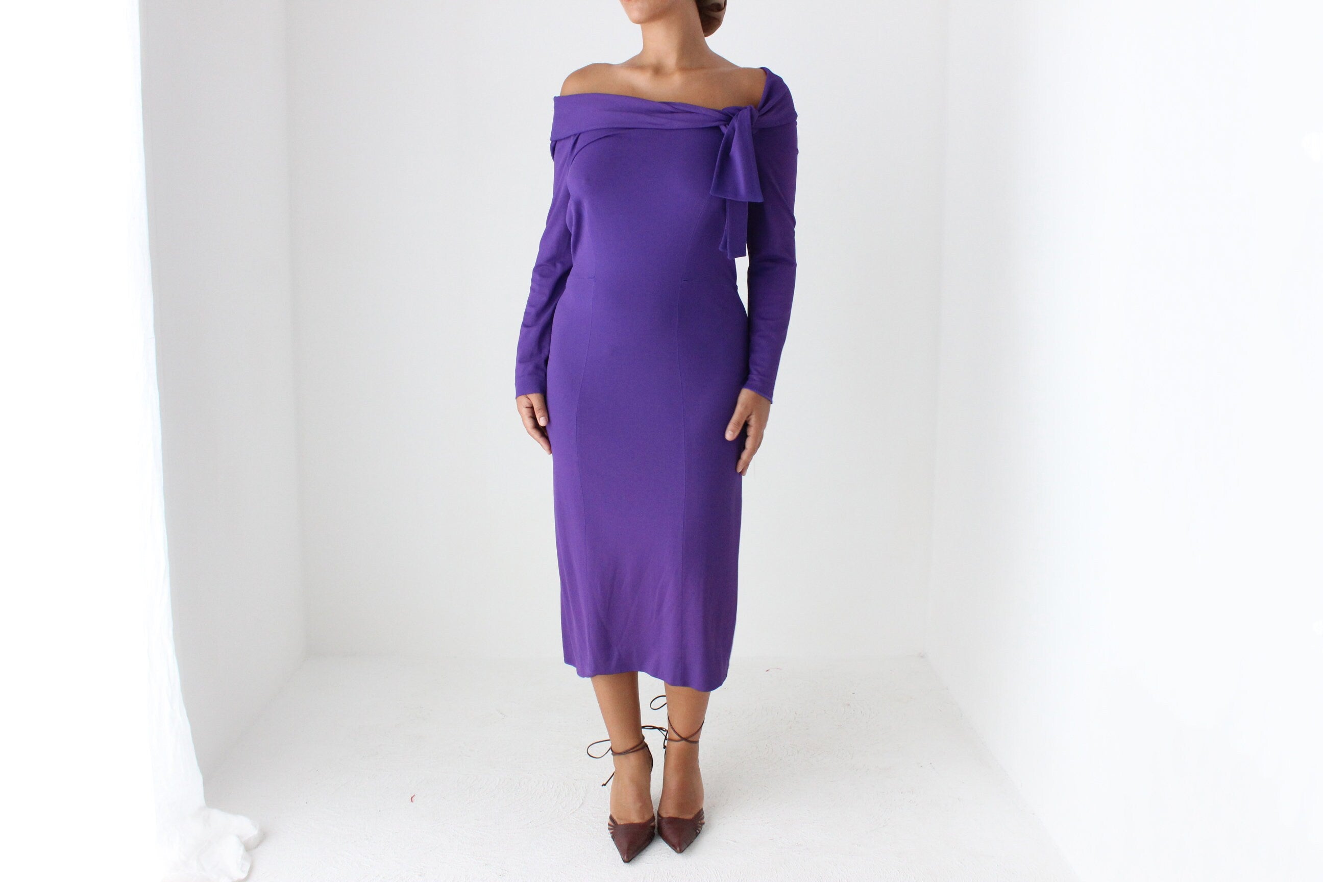 2000s Alberta Ferretti Royal Purple Fitted Off Shoulder Dress