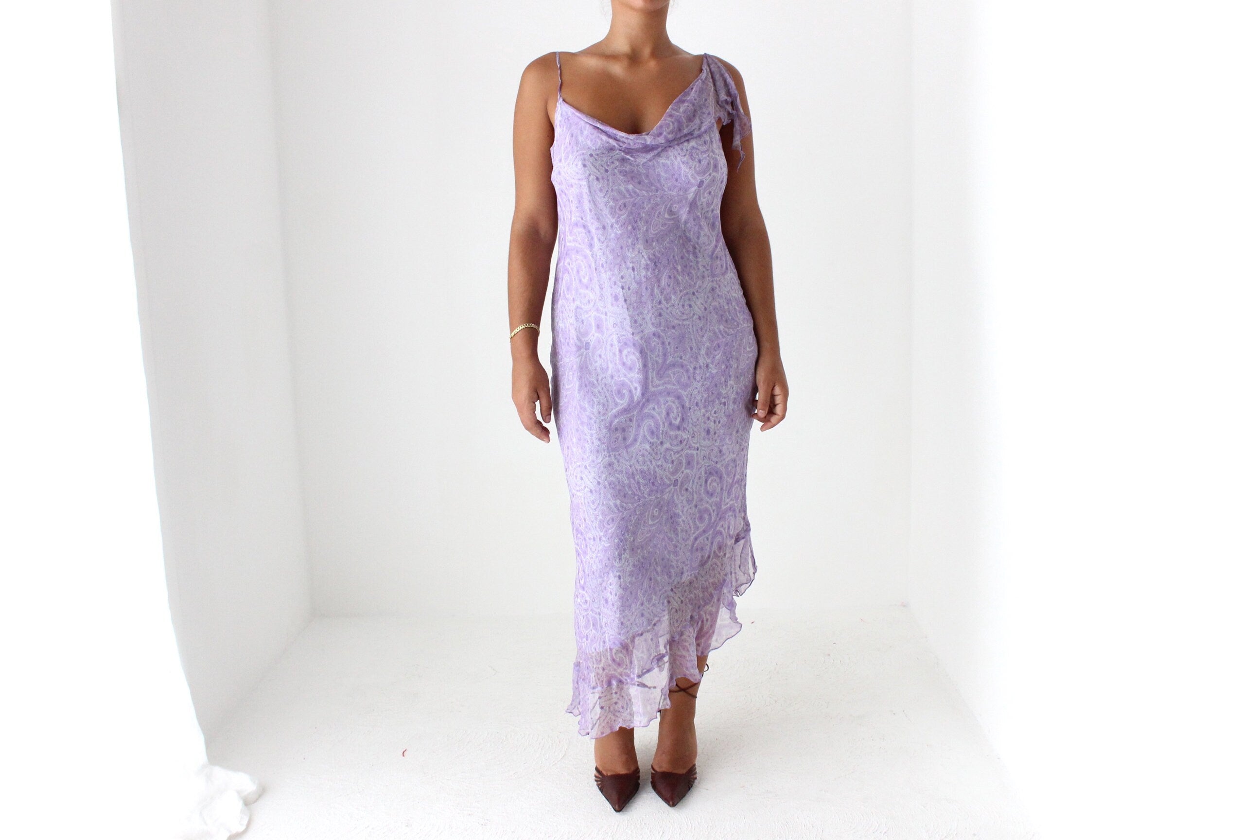 Y2K PURE SILK Paisley Pastel Asymmetric Slip Dress