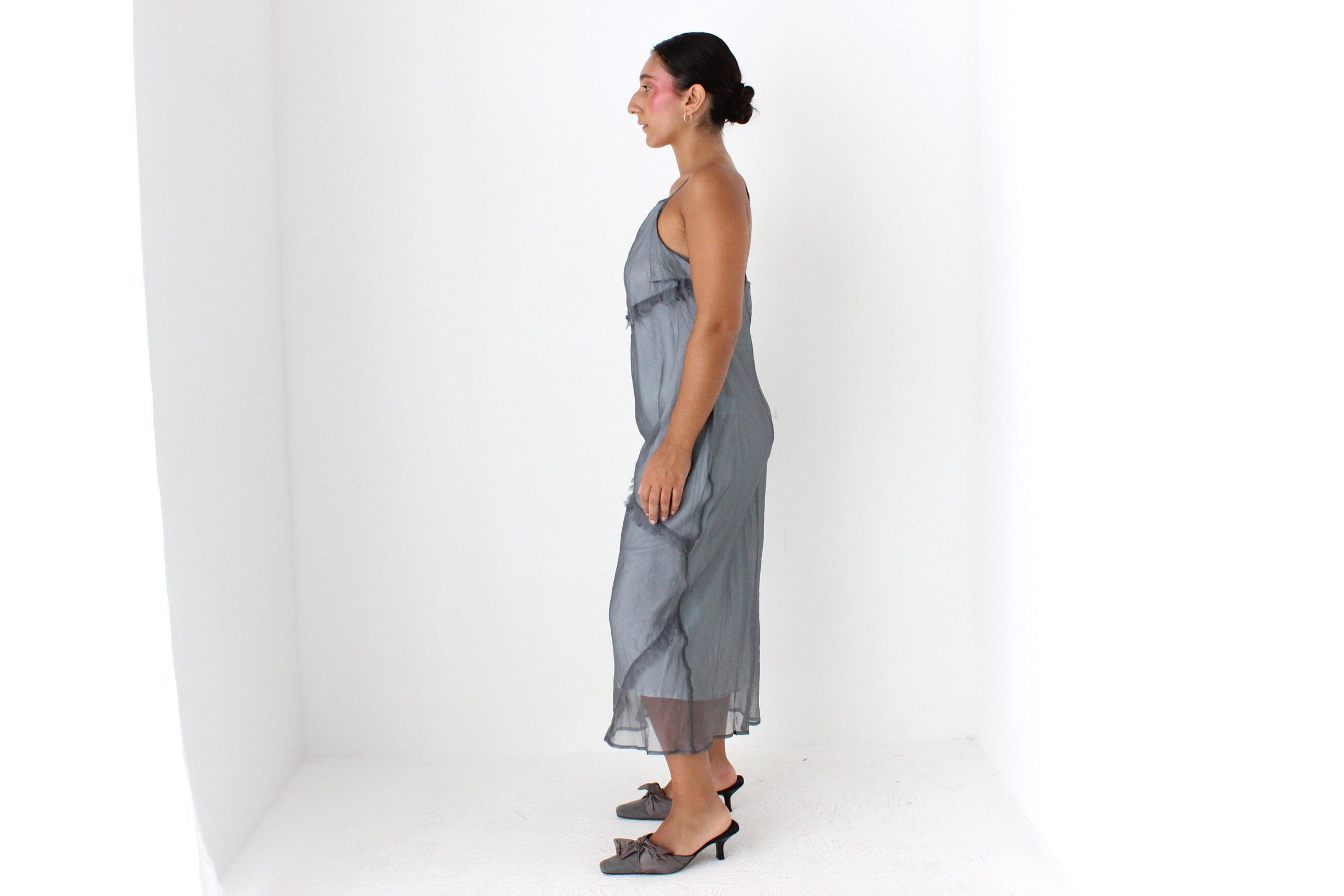 90s CUE Etherial Silk Organza Bias Cut Straight Neck Slip Dress