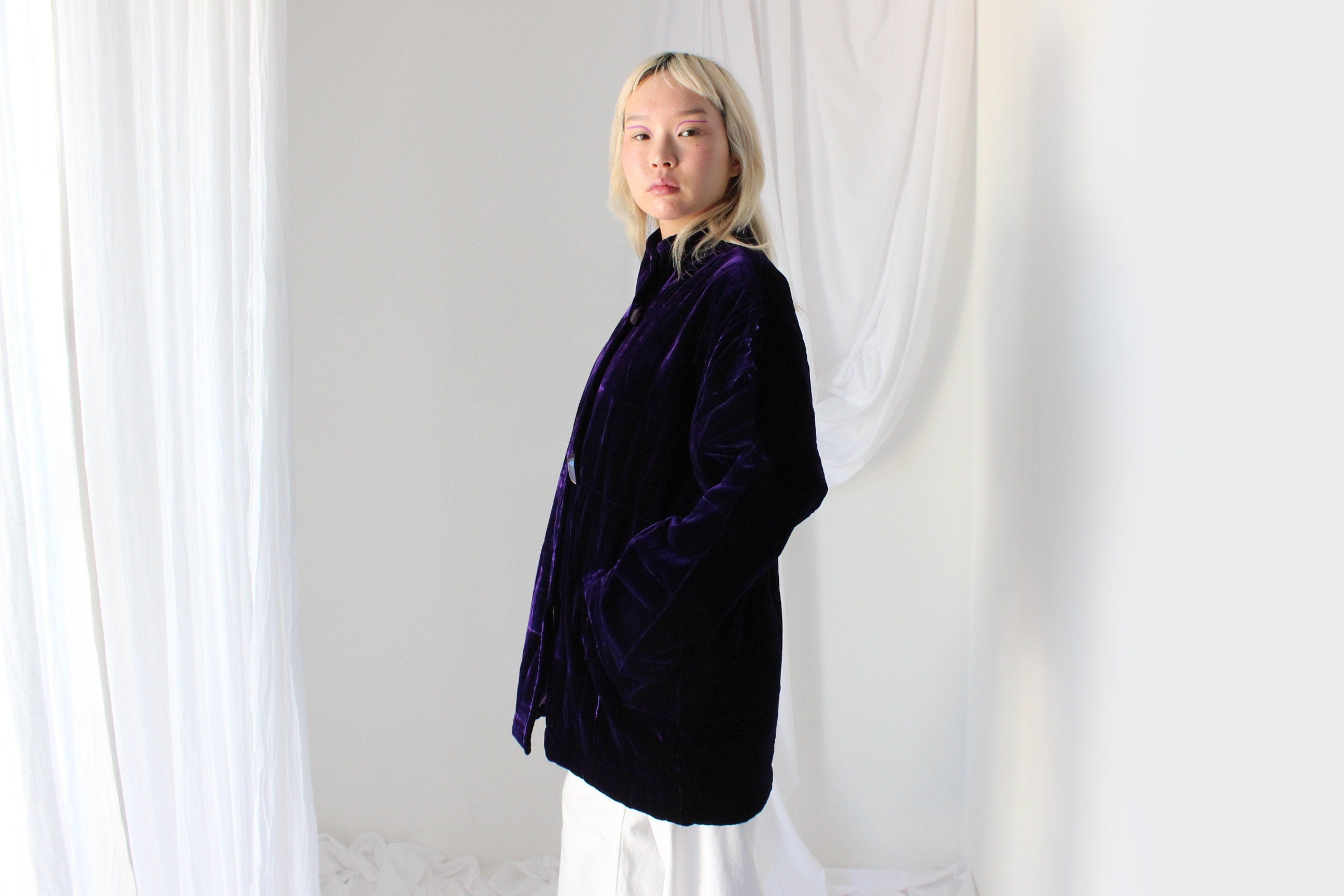 80s PURE SILK VELVET Luxury Quilted Puffer Jacket in Royal Purple