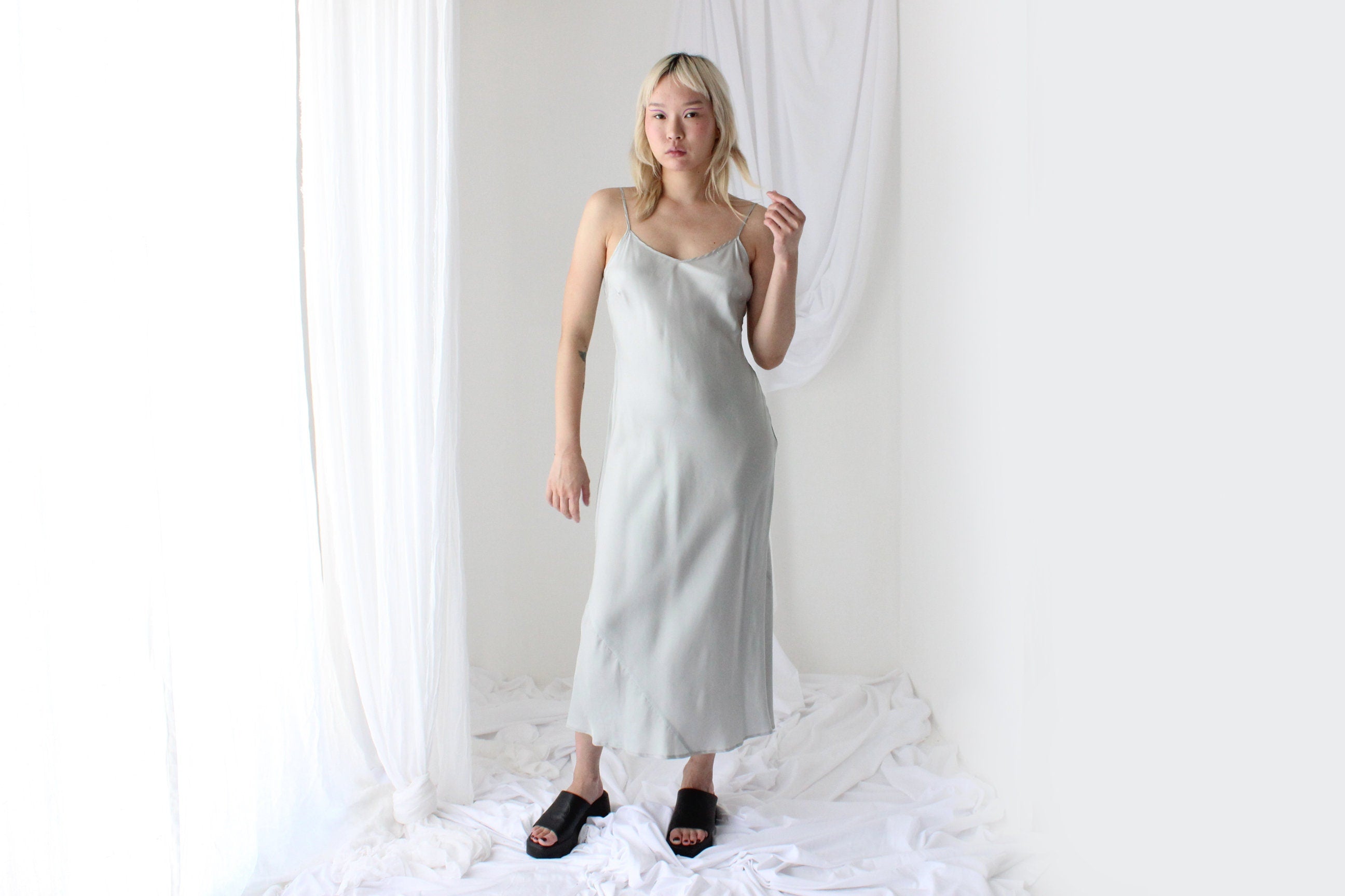 90s Pure Silk Bias Cut Slip Dress in Ice