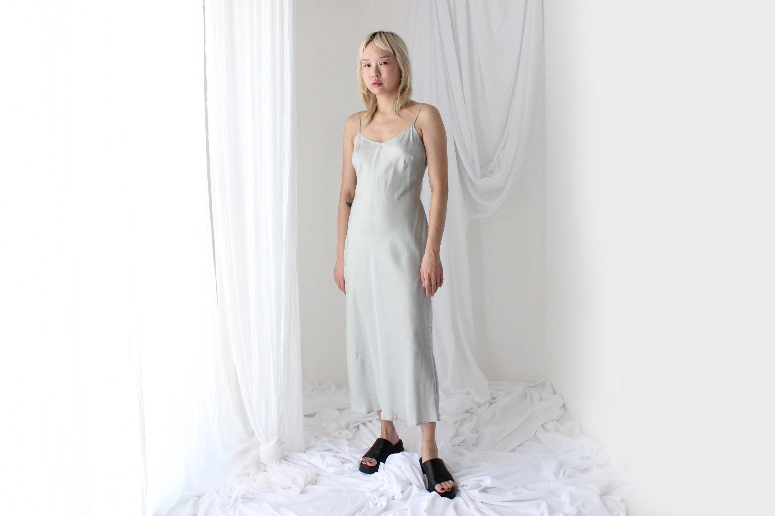 90s Pure Silk Bias Cut Slip Dress in Ice