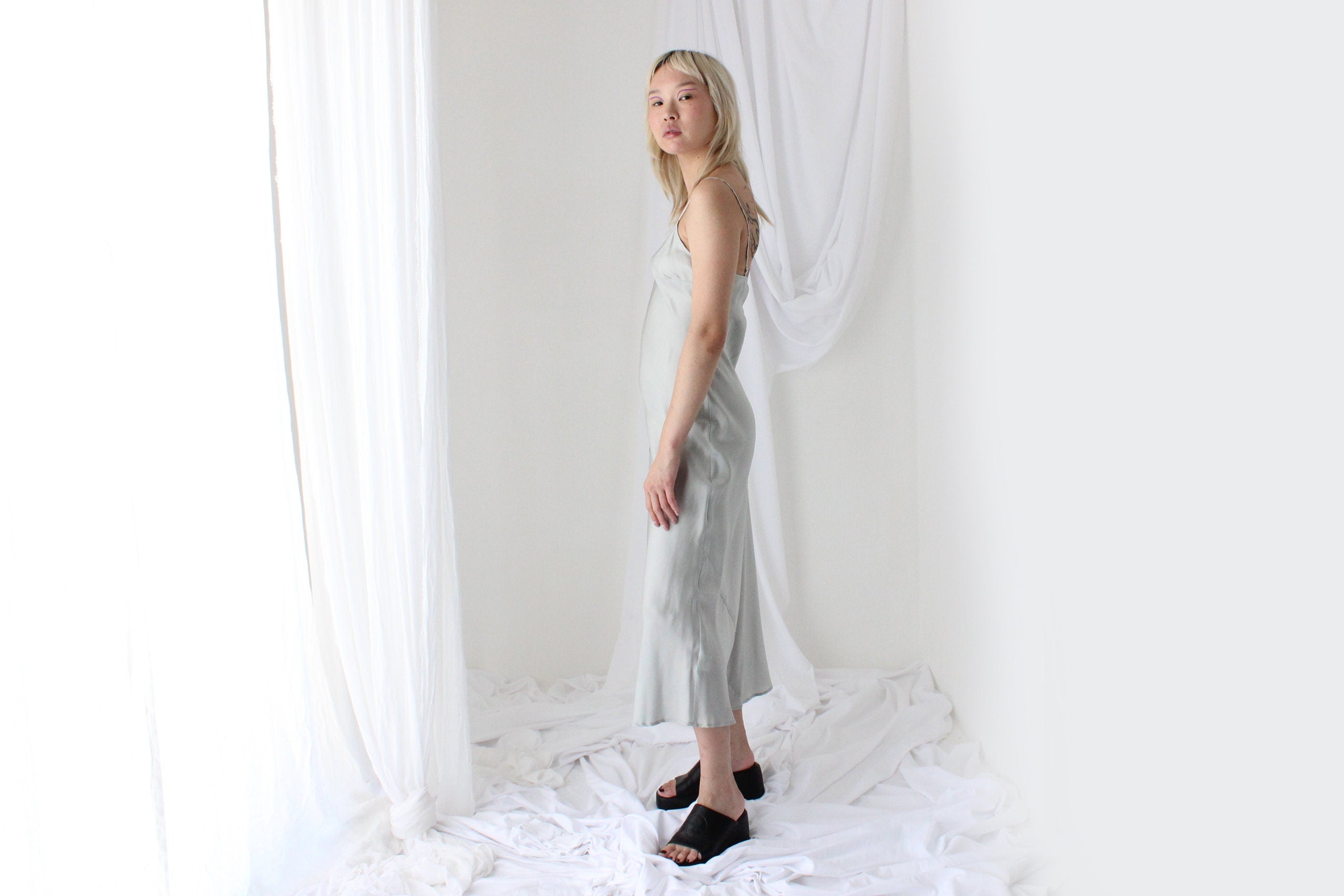 90s Pure Silk Bias Cut Slip Dress in Ice