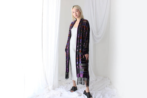 90s Luxury Silk Velvet Geometric Burnout Duster Kimono w/ Fringe