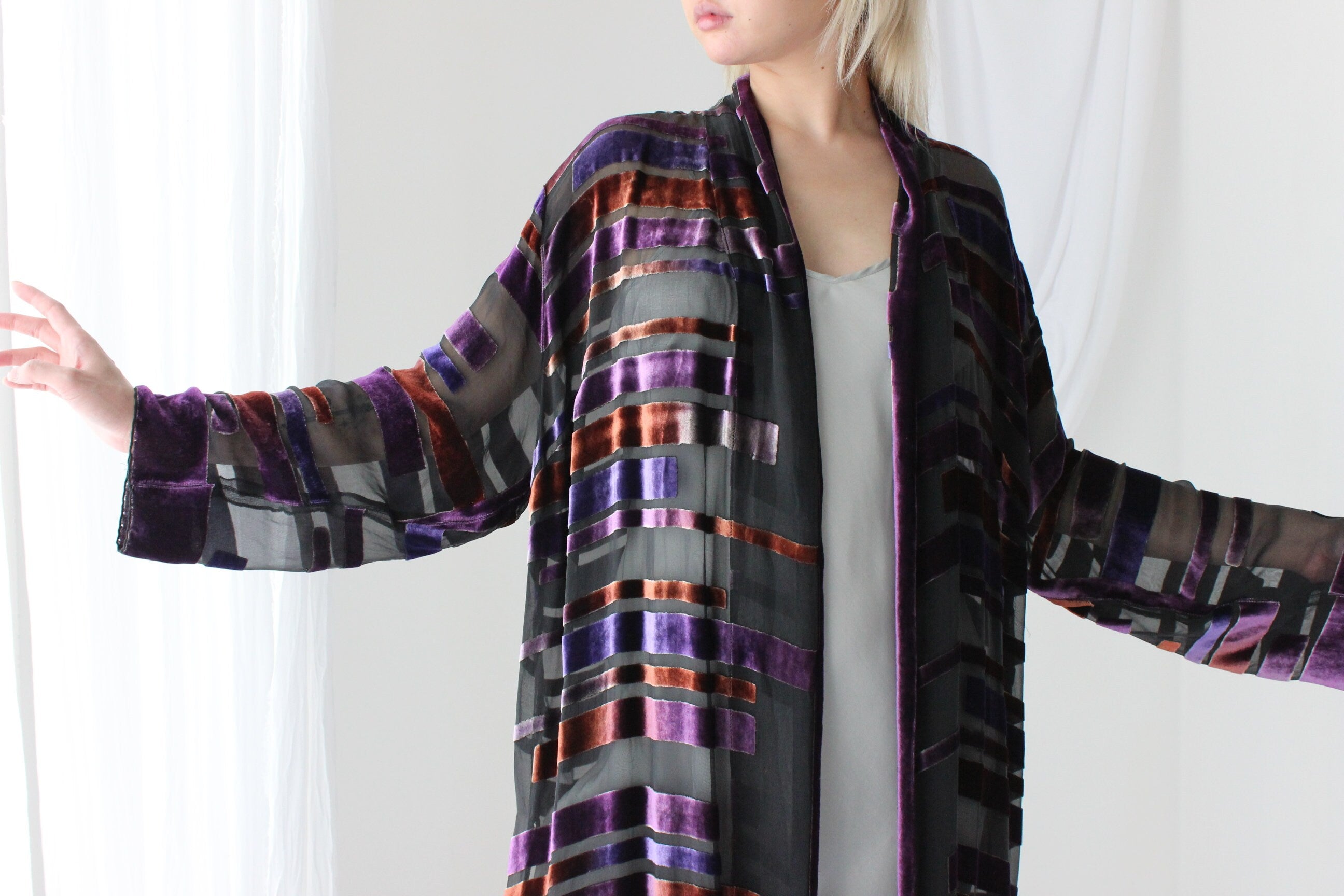 90s Luxury Silk Velvet Geometric Burnout Duster Kimono w/ Fringe