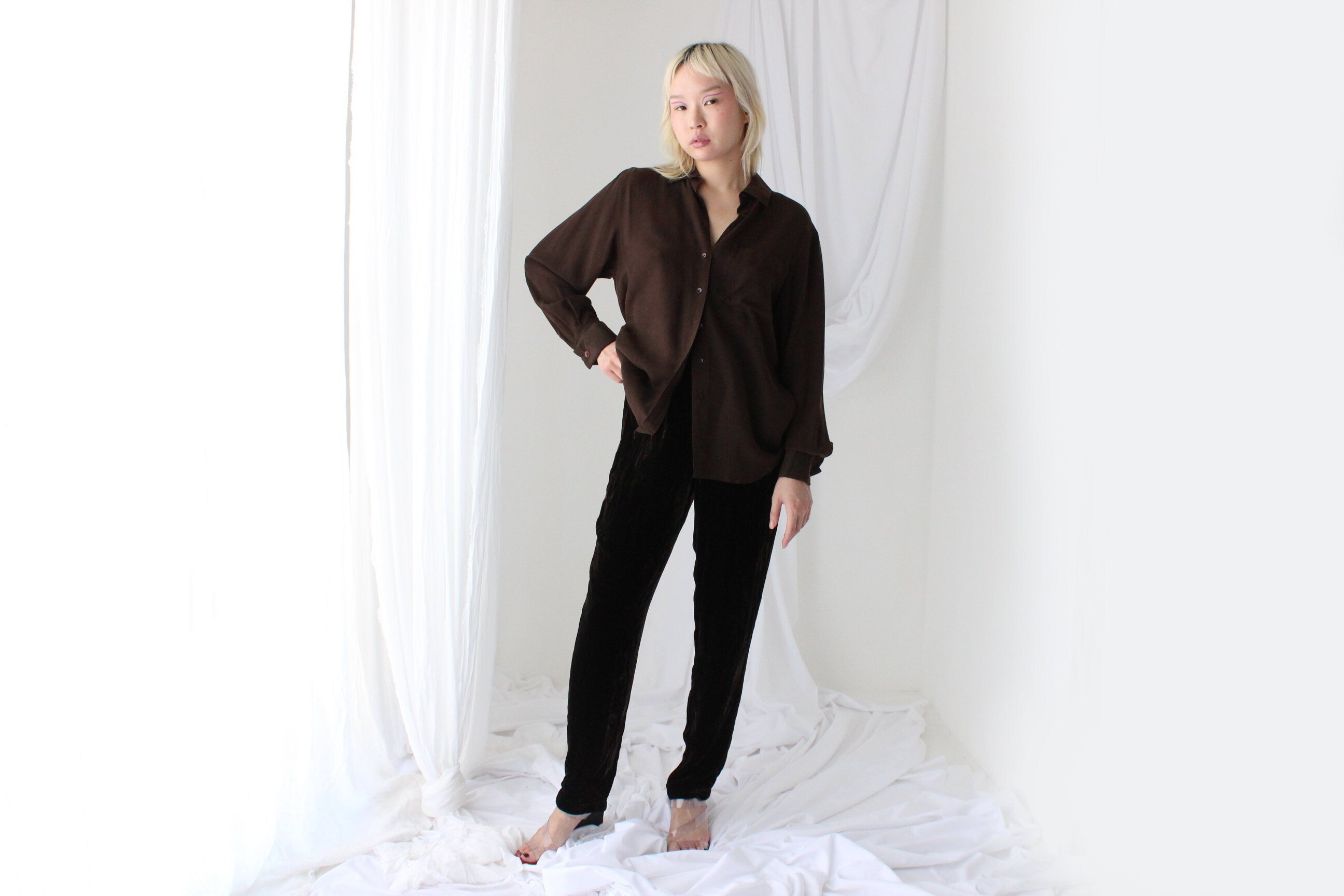 90s Pure Silk Chocolate Relaxed Button Up Blouse