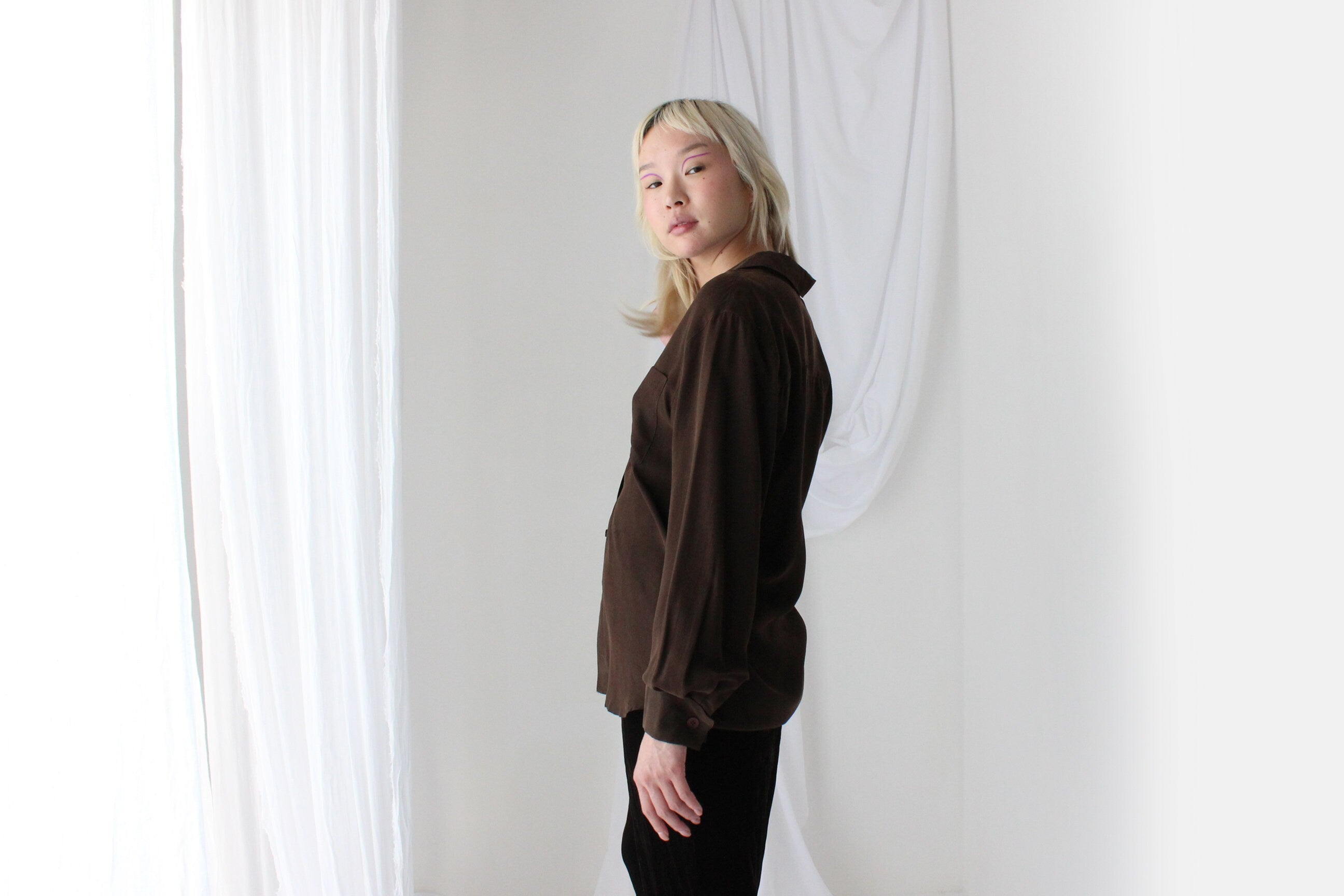 90s Pure Silk Chocolate Relaxed Button Up Blouse