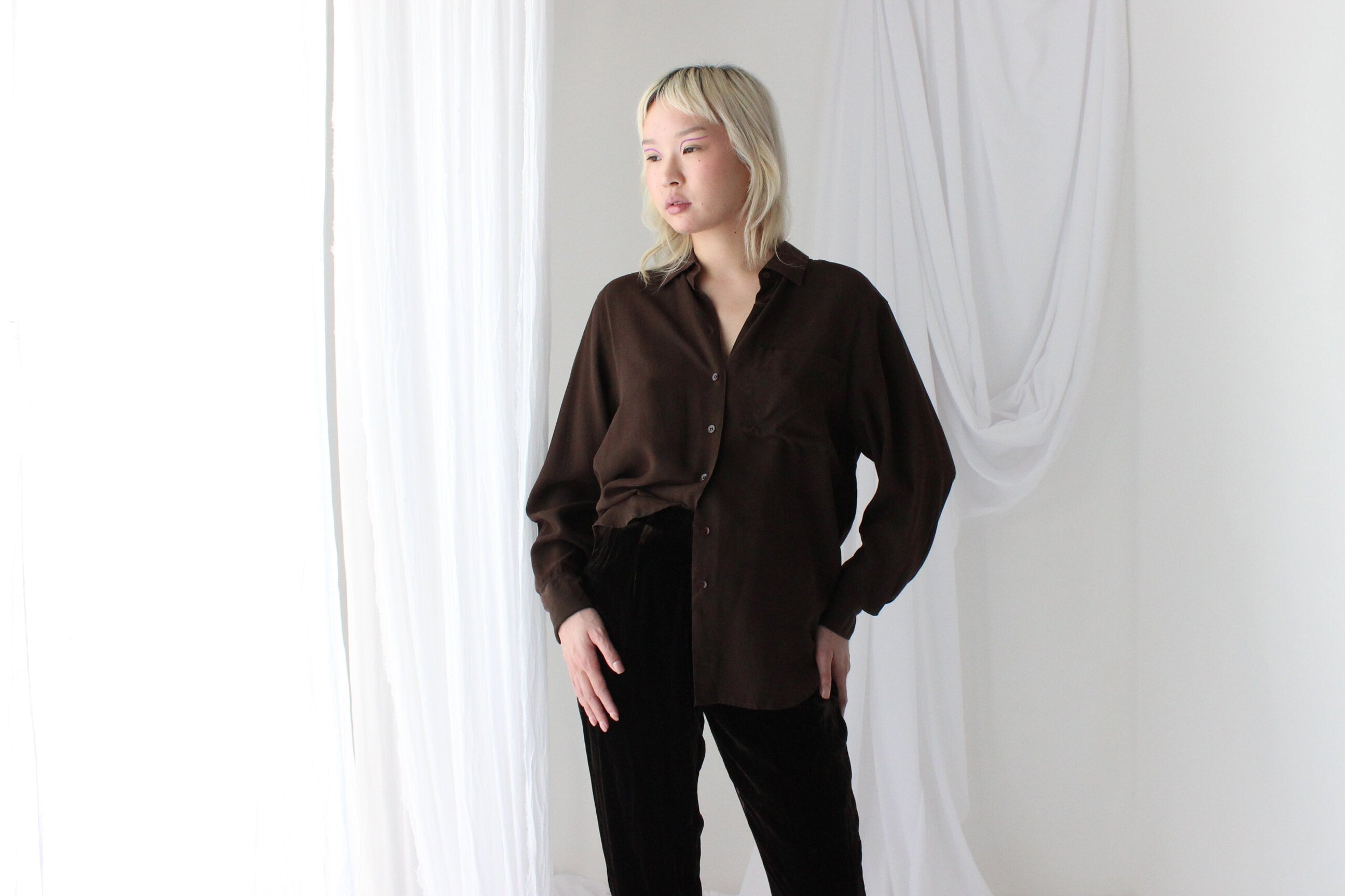 90s Pure Silk Chocolate Relaxed Button Up Blouse