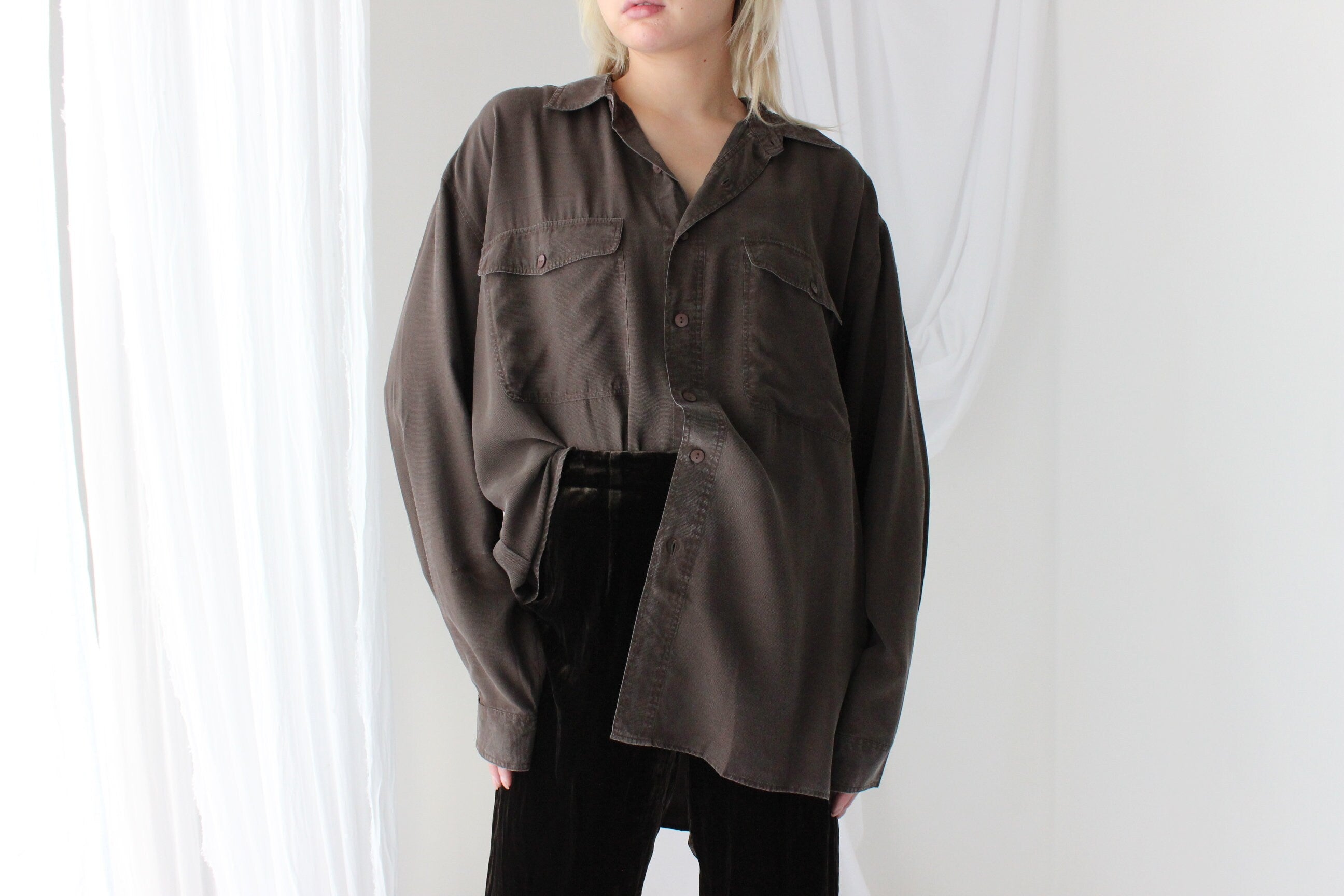 90s Pure Silk Chocolate "Corduroy" Textured Oversized Shirt