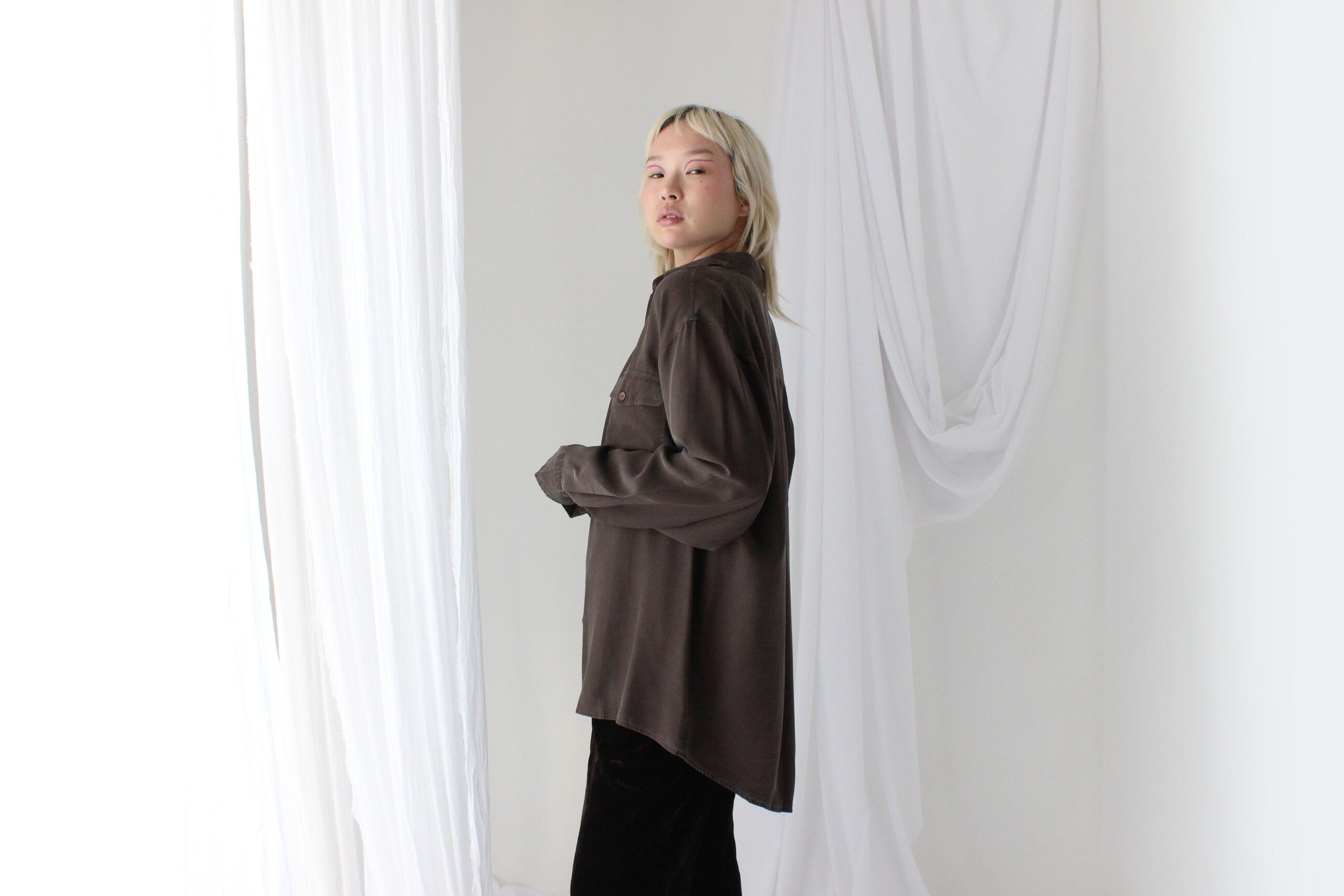 90s Pure Silk Chocolate "Corduroy" Textured Oversized Shirt