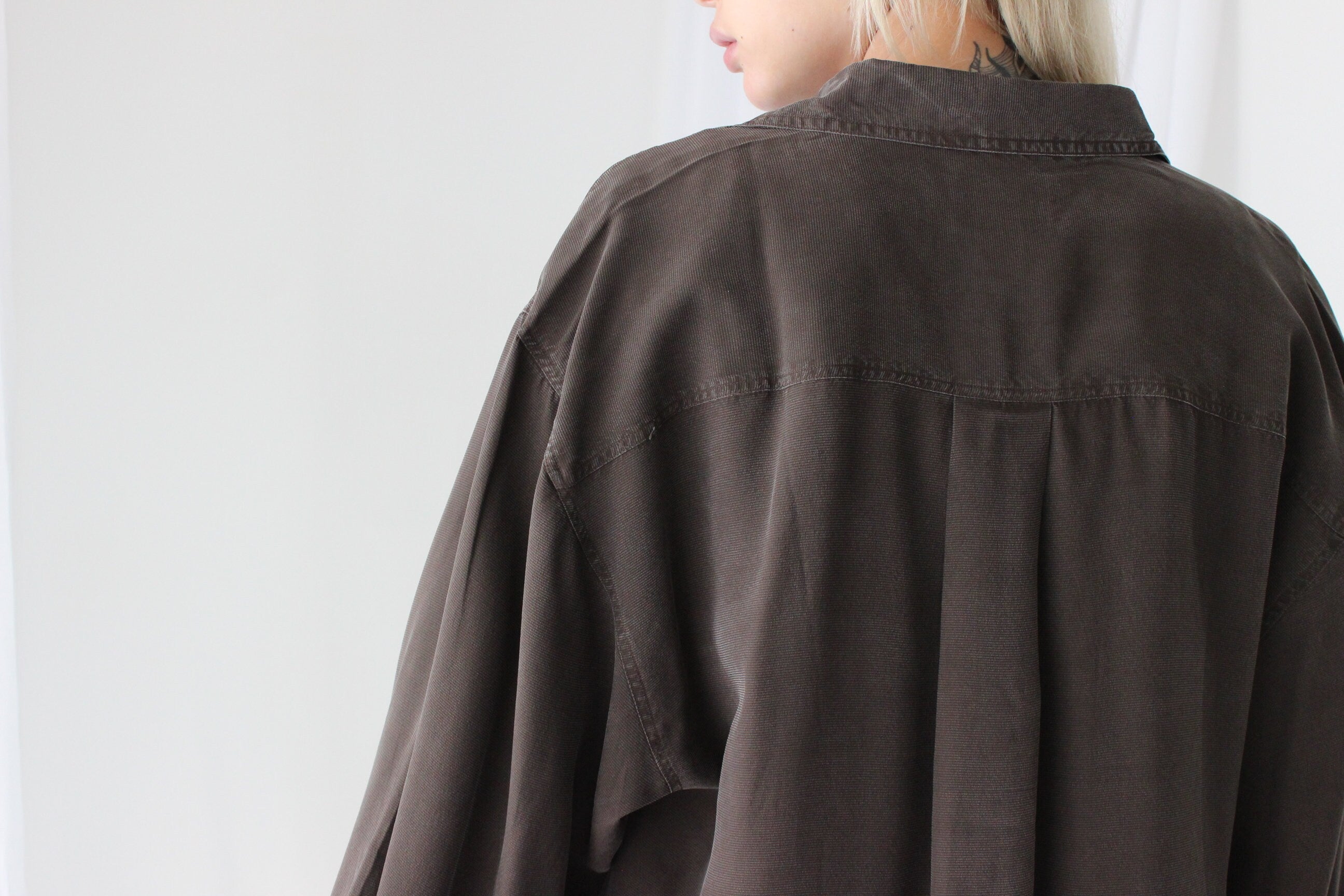 90s Pure Silk Chocolate "Corduroy" Textured Oversized Shirt