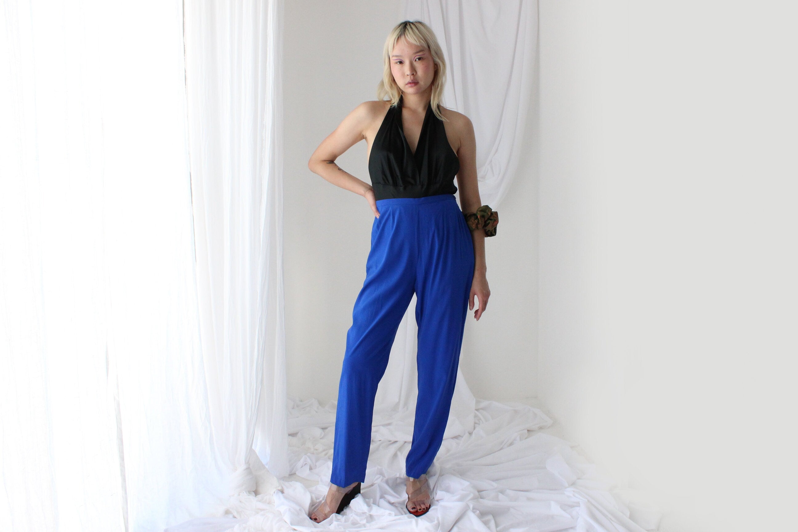 80s Pure Silk Cobalt Blue Relaxed Tapered Trousers