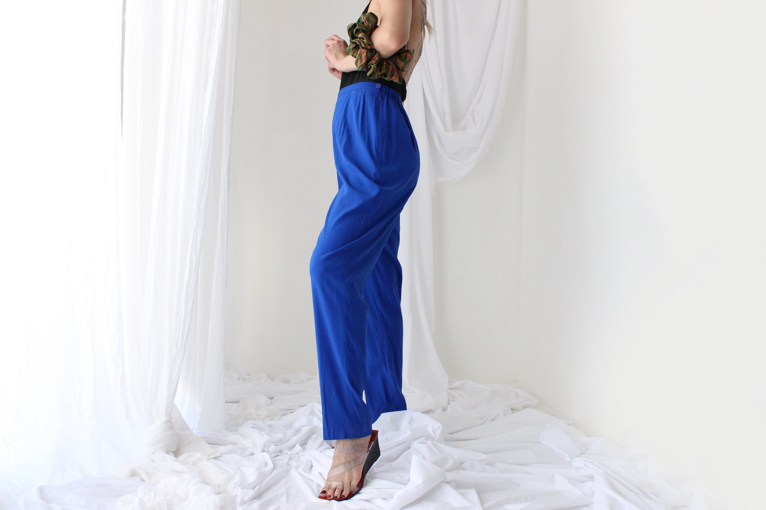 80s Pure Silk Cobalt Blue Relaxed Tapered Trousers