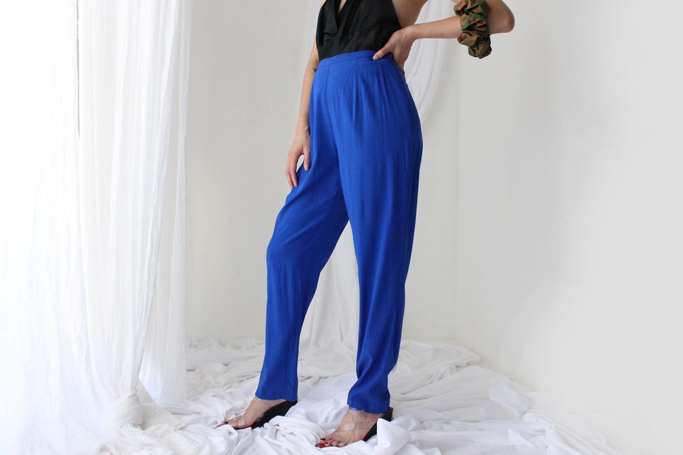 80s Pure Silk Cobalt Blue Relaxed Tapered Trousers