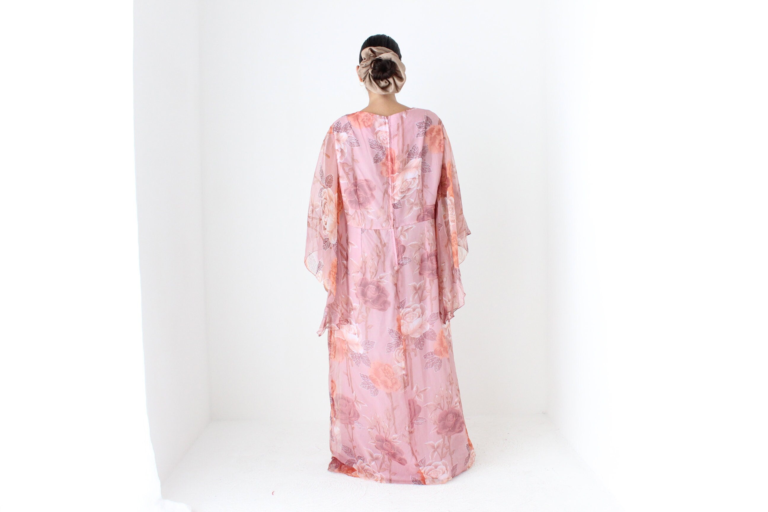 70s Pink Floral Organza Hostess Dress w/ Amazing Sleeves