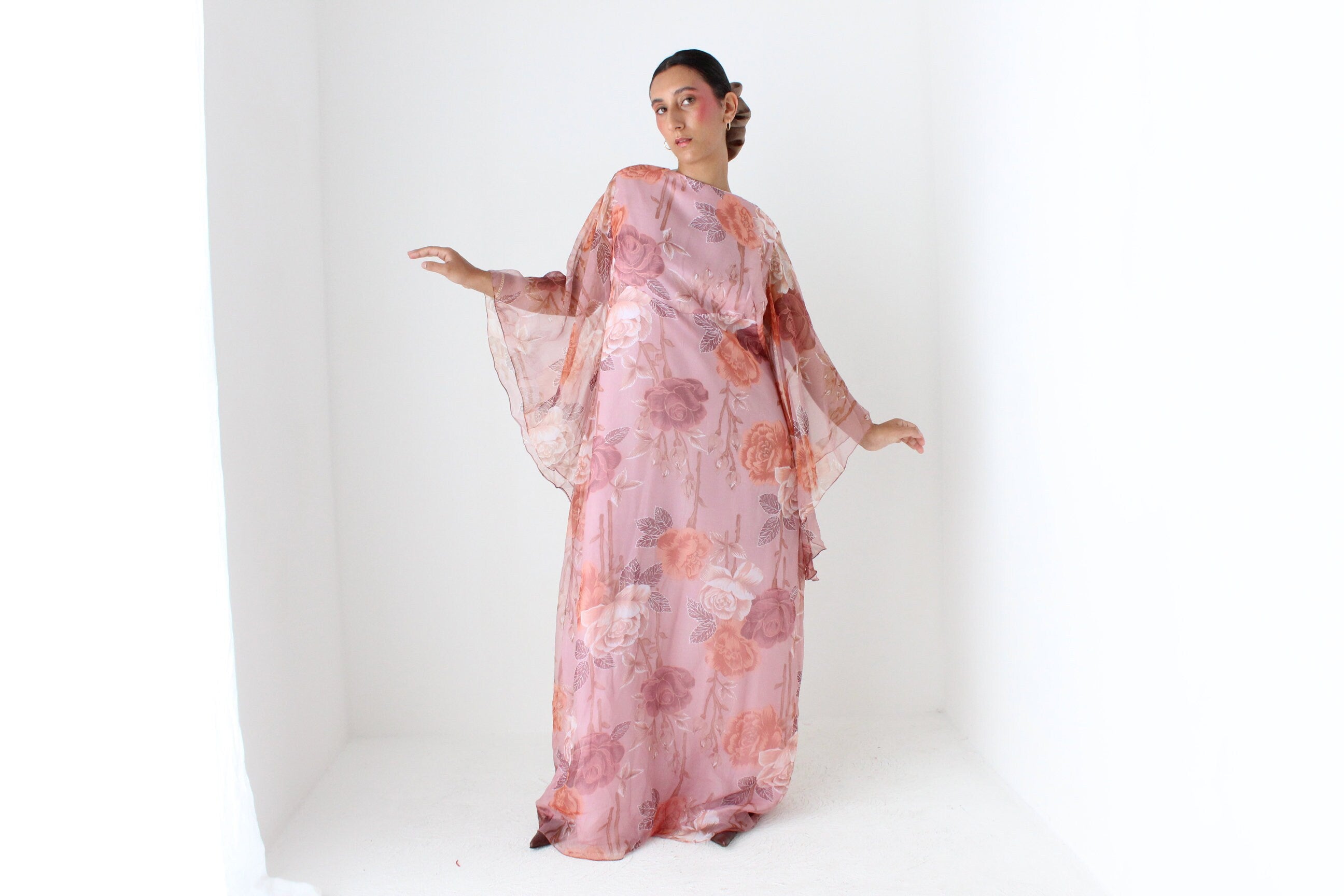 70s Pink Floral Organza Hostess Dress w/ Amazing Sleeves