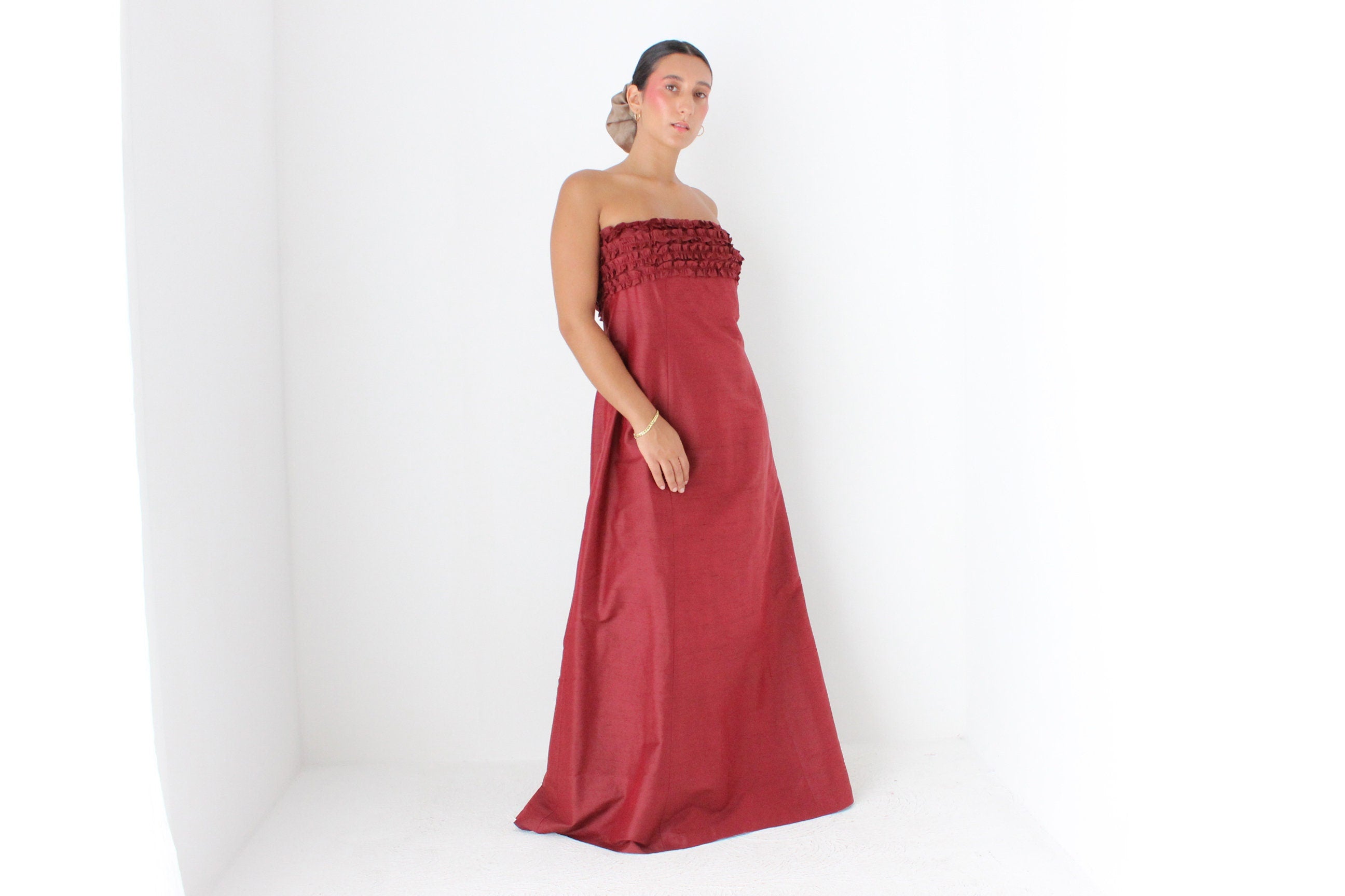 2000s Raw Silk Strapless Ruffle Formal Gown