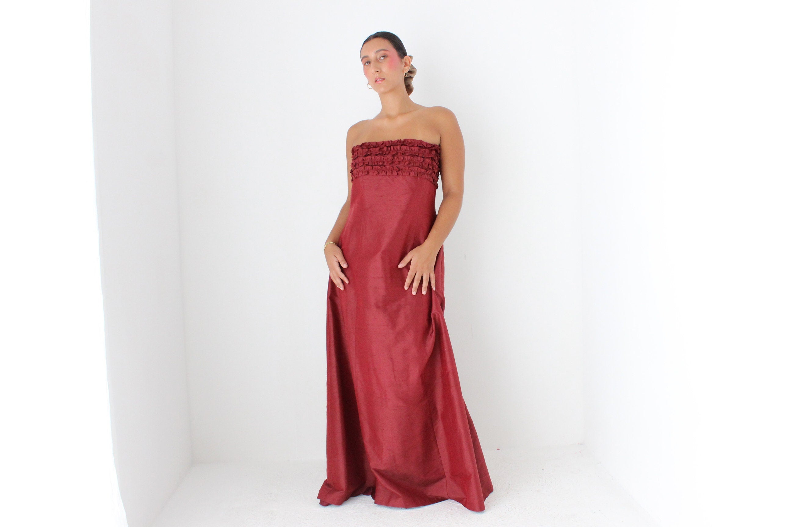 2000s Raw Silk Strapless Ruffle Formal Gown