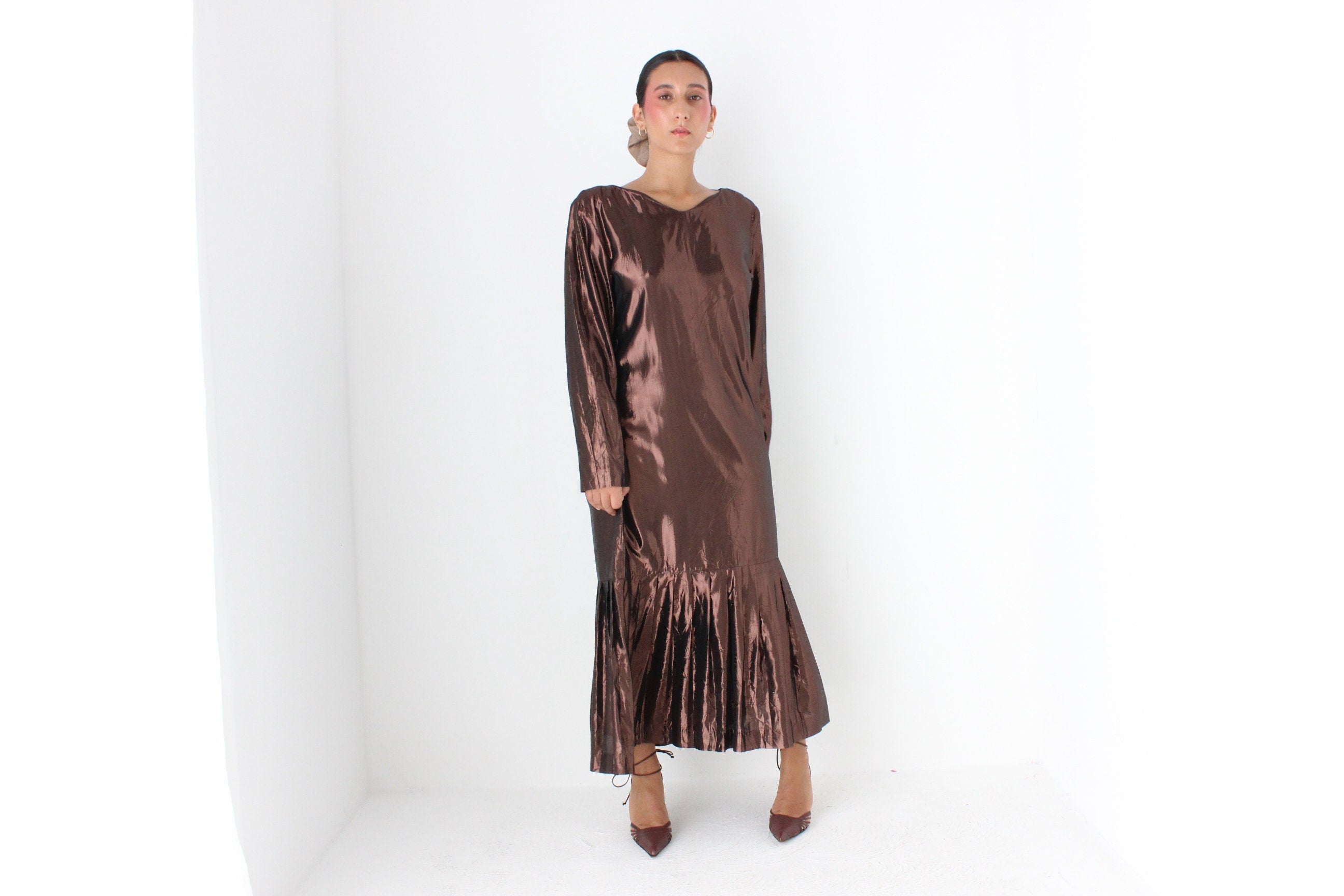 80s Bronze Lamé Metallic Drop Waist Party Dress