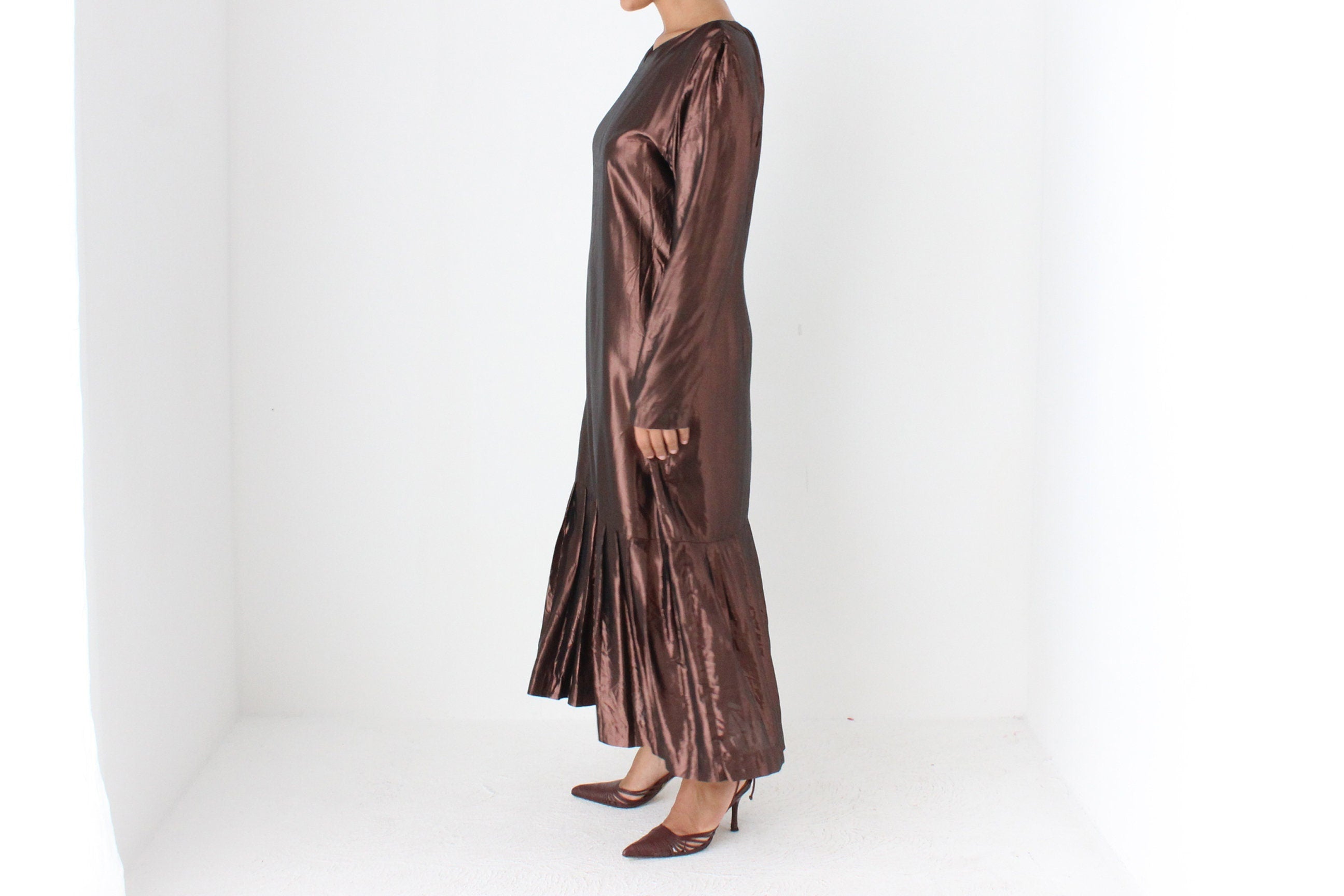 80s Bronze Lamé Metallic Drop Waist Party Dress