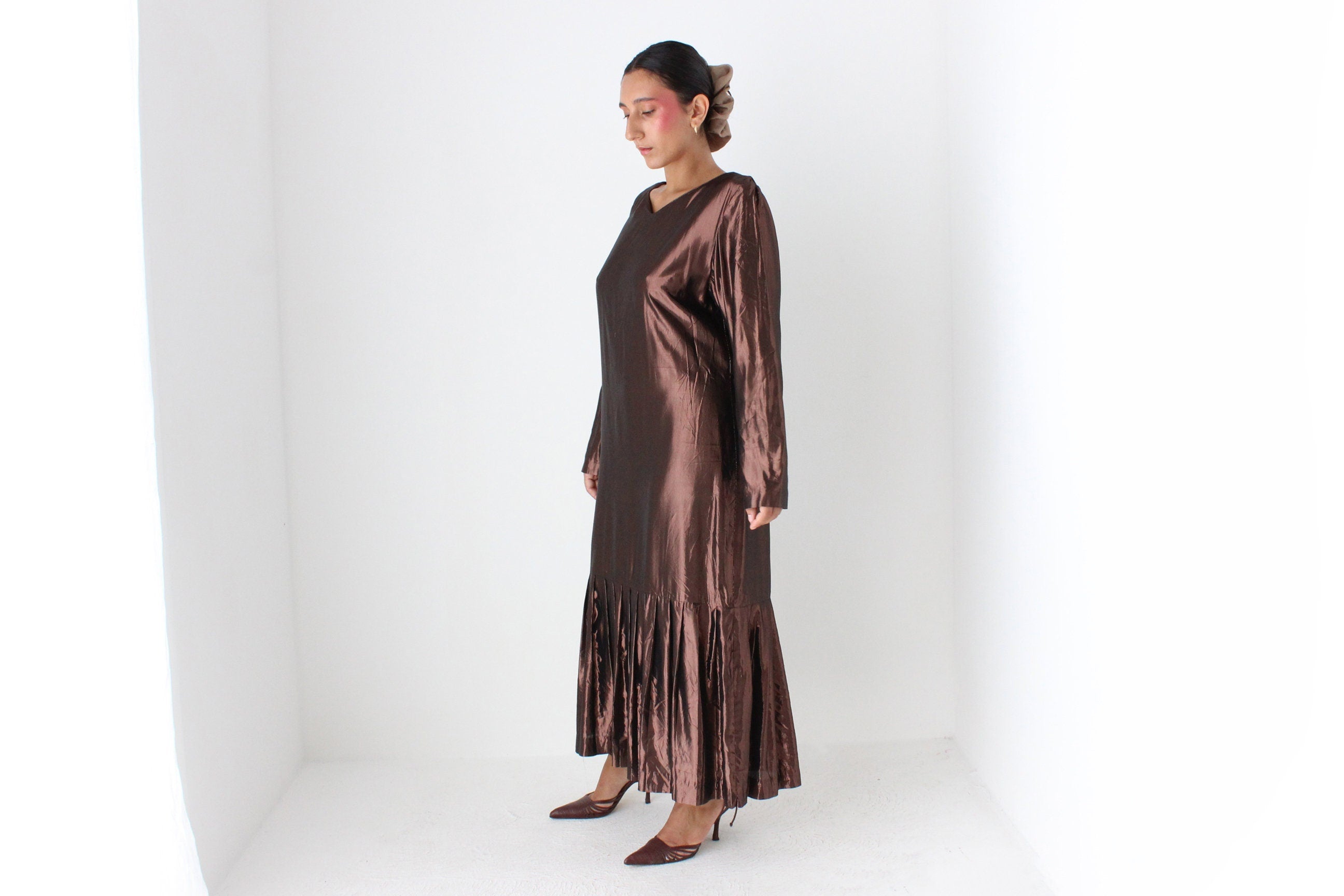 80s Bronze Lamé Metallic Drop Waist Party Dress