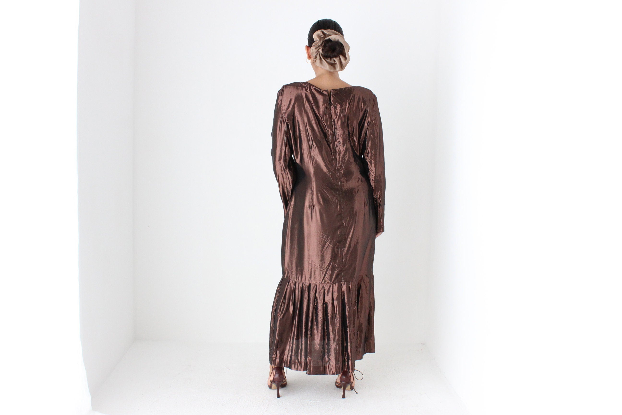 80s Bronze Lamé Metallic Drop Waist Party Dress