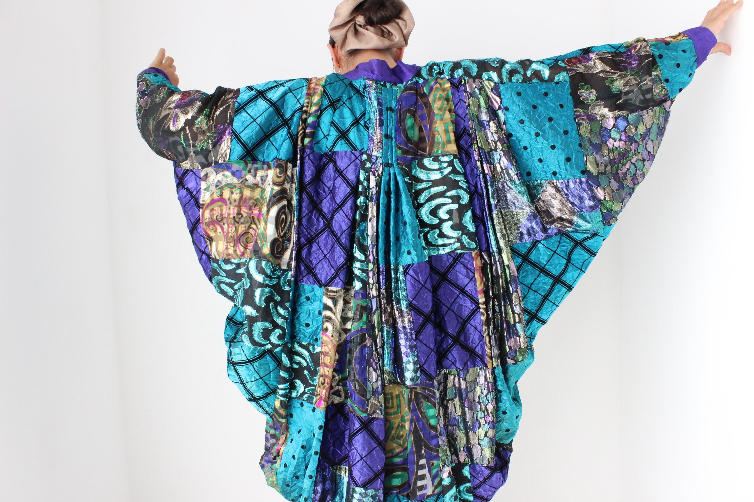 80s Historic Australian Designer Maximalist Rainbow Patchwork Batwing Kimono Jacket