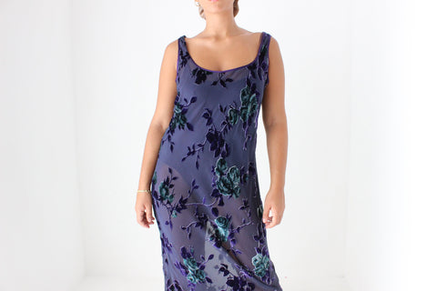 90s PURE SILK VELVET Floral Burnout Bias Cut Scoop Neck Party Gown