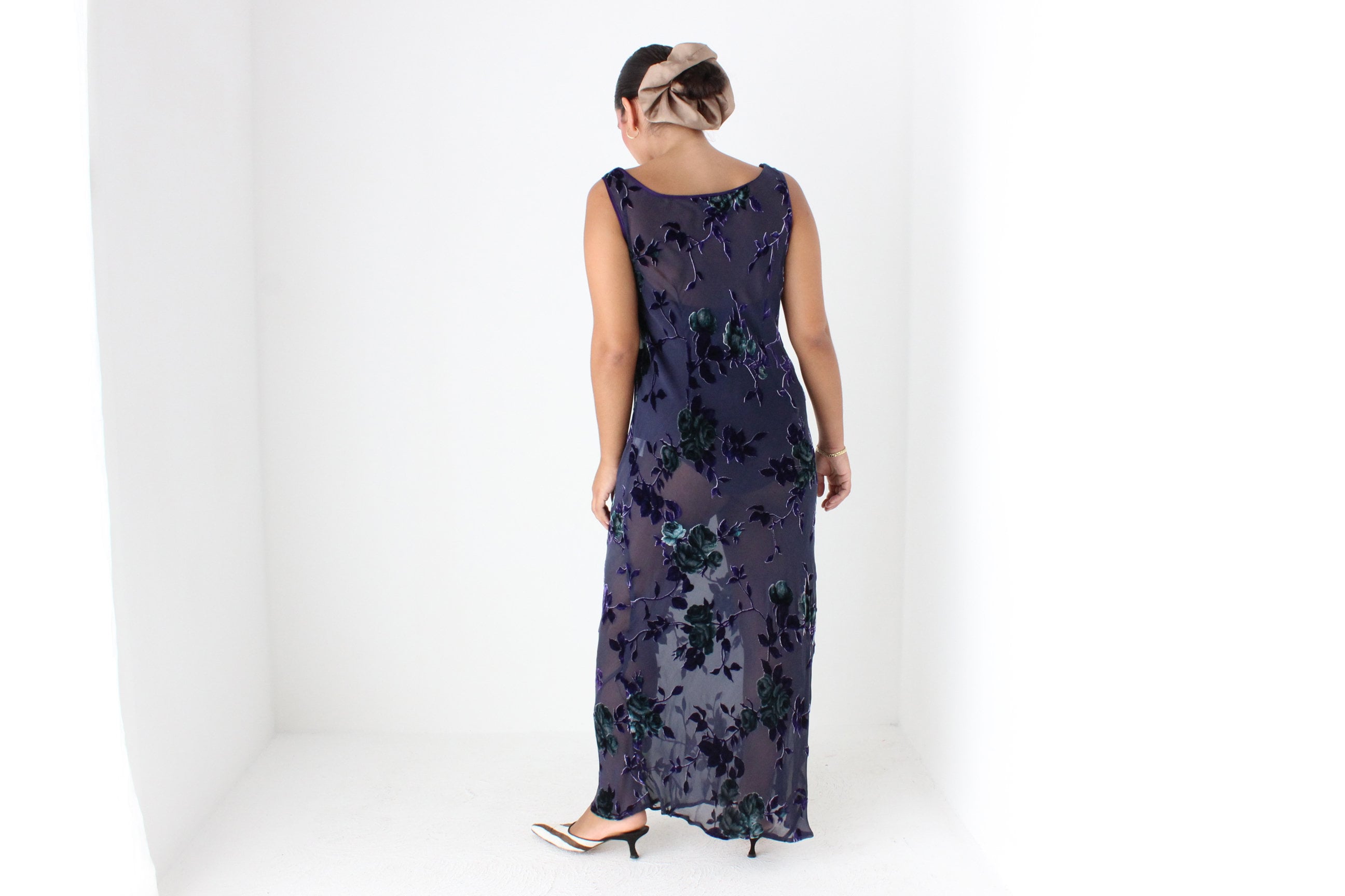 90s PURE SILK VELVET Floral Burnout Bias Cut Scoop Neck Party Gown