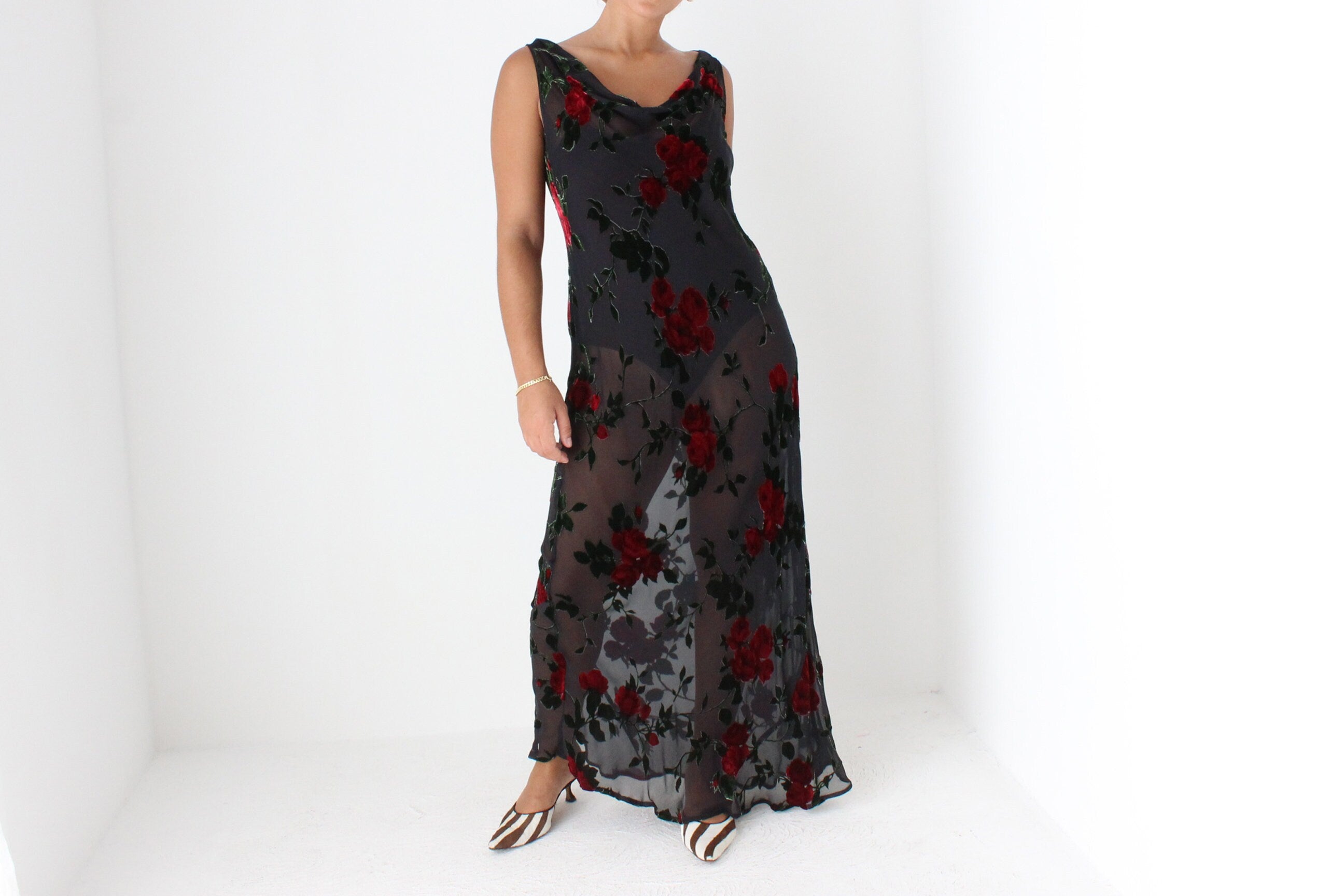 90s Romantic Red Rose Silk Velvet Burnout Gown