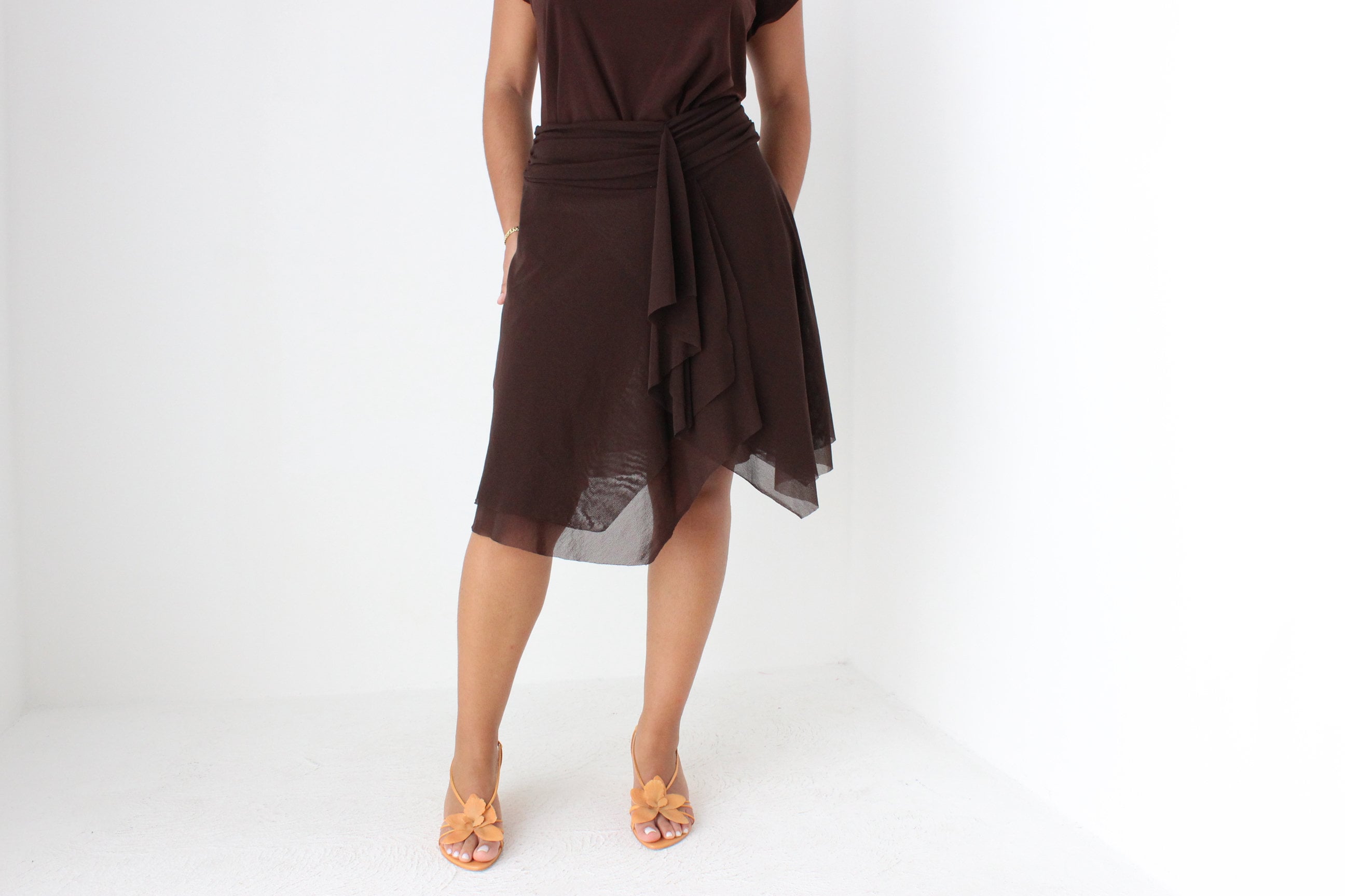 Y2K Tommy Bahama Stretch Chocolate Layered Mesh Pointed Hem Skirt