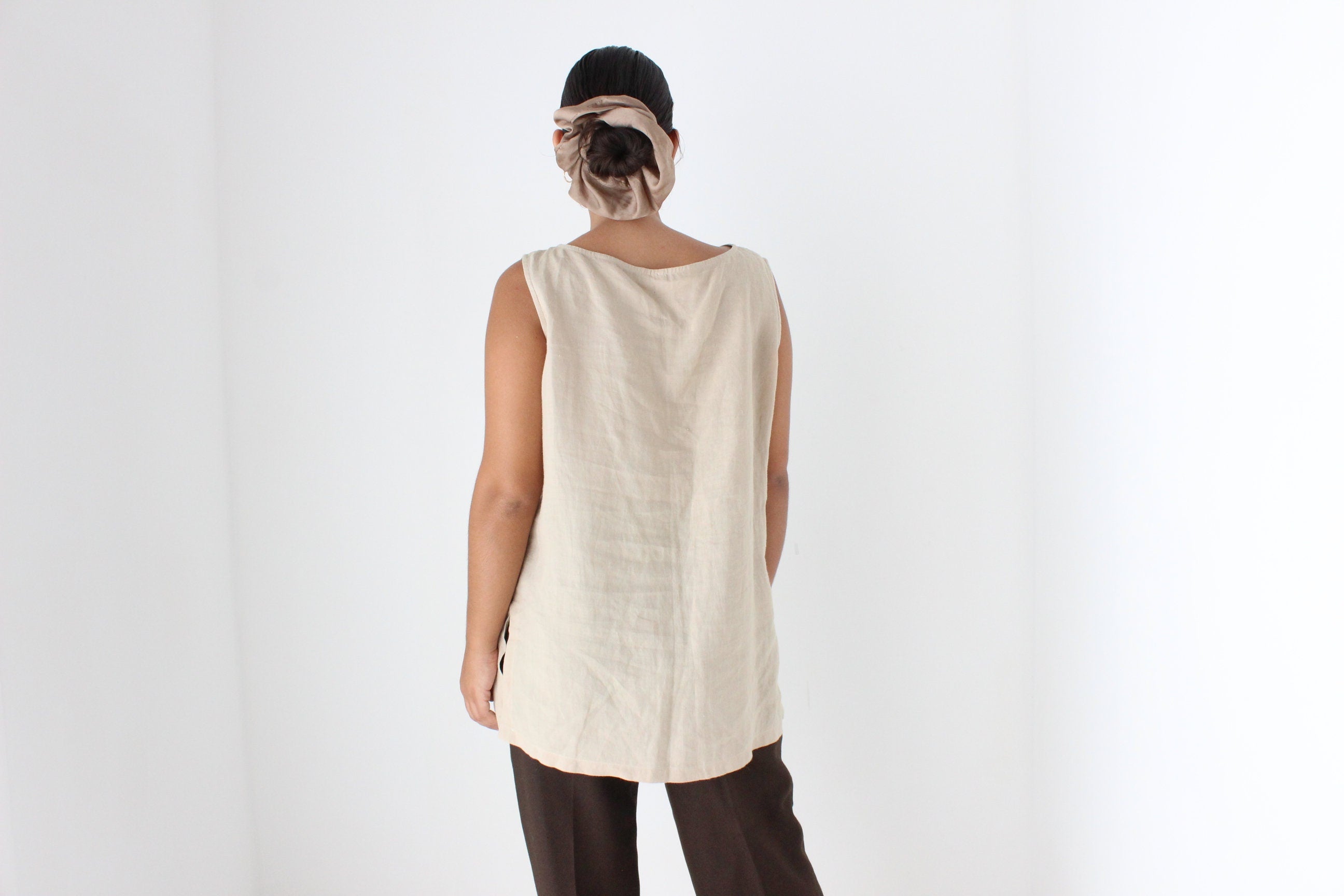 90s Neutral Linen Relaxed, Loose Sleeveless Smock Top