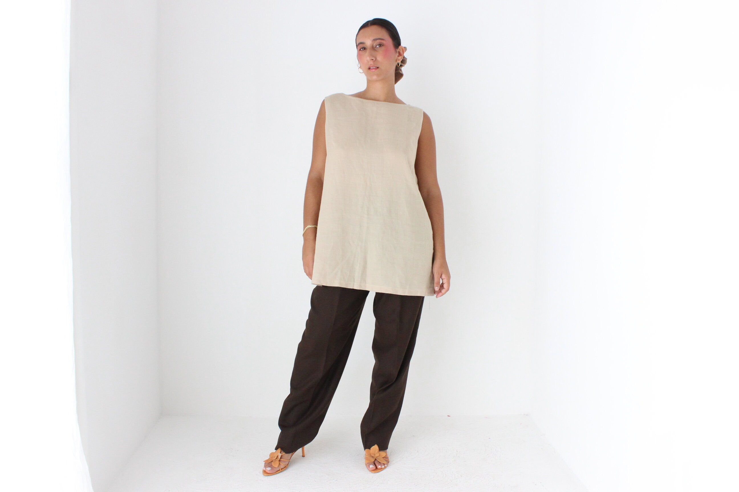 90s Neutral Linen Relaxed, Loose Sleeveless Smock Top