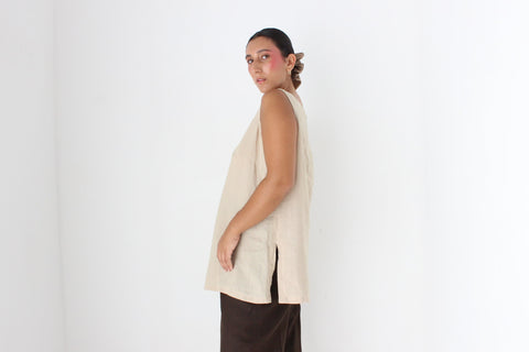 90s Neutral Linen Relaxed, Loose Sleeveless Smock Top