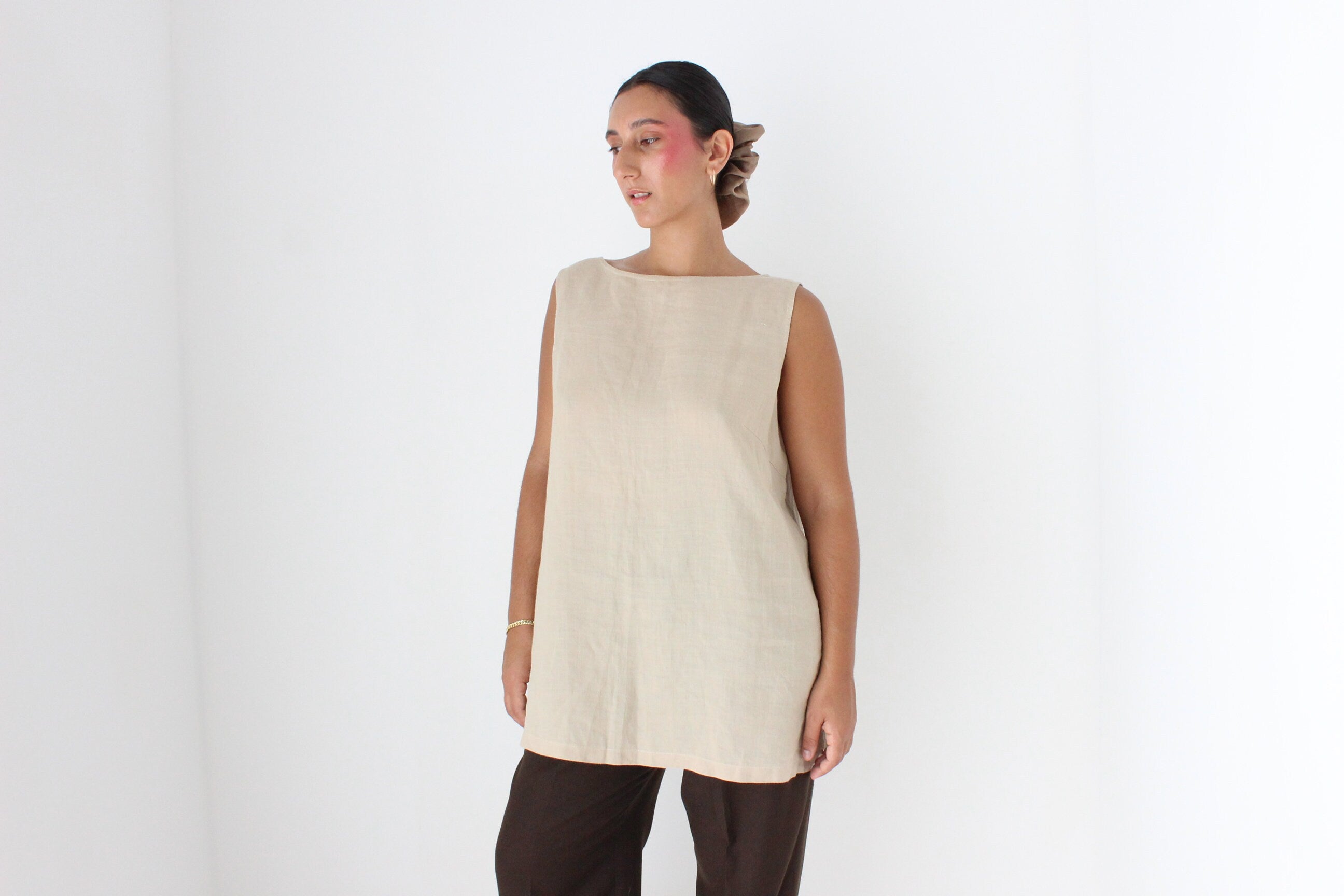 90s Neutral Linen Relaxed, Loose Sleeveless Smock Top