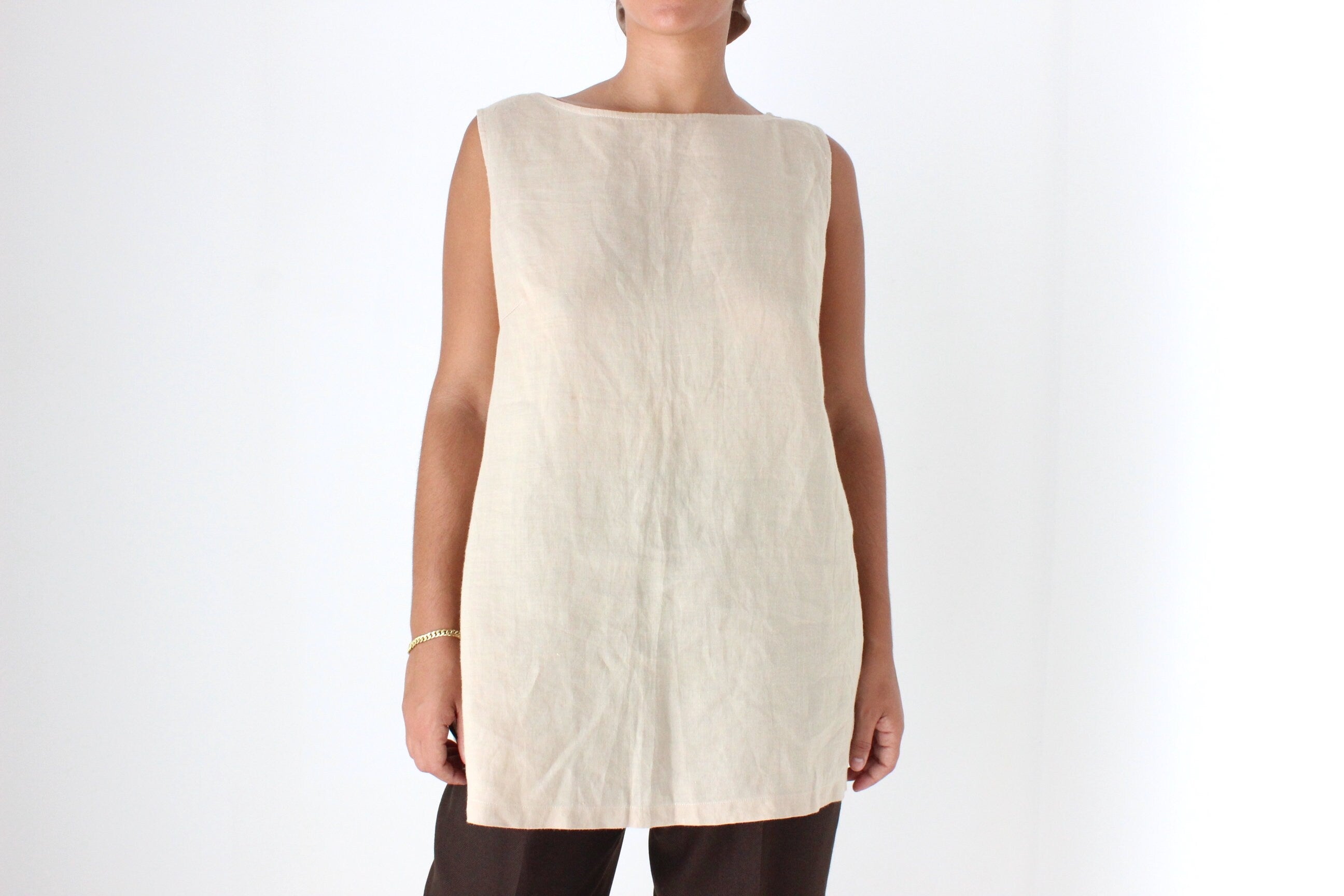 90s Neutral Linen Relaxed, Loose Sleeveless Smock Top