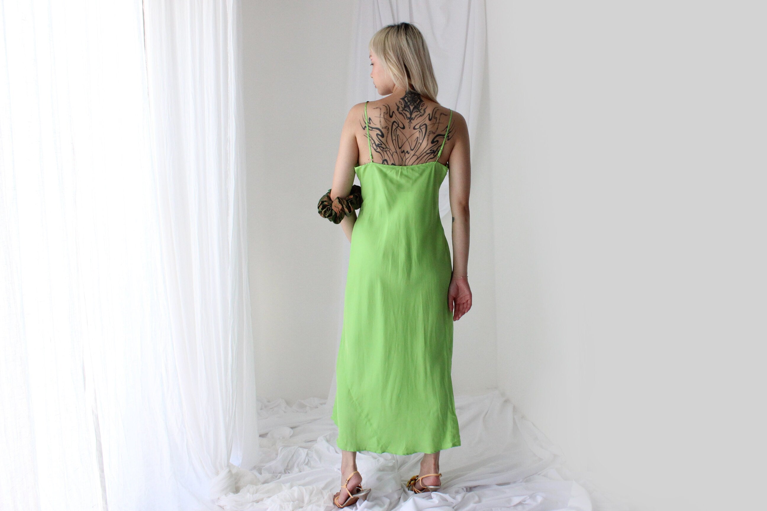 90s Pure Silk Bias Cut Slip Dress in Lime