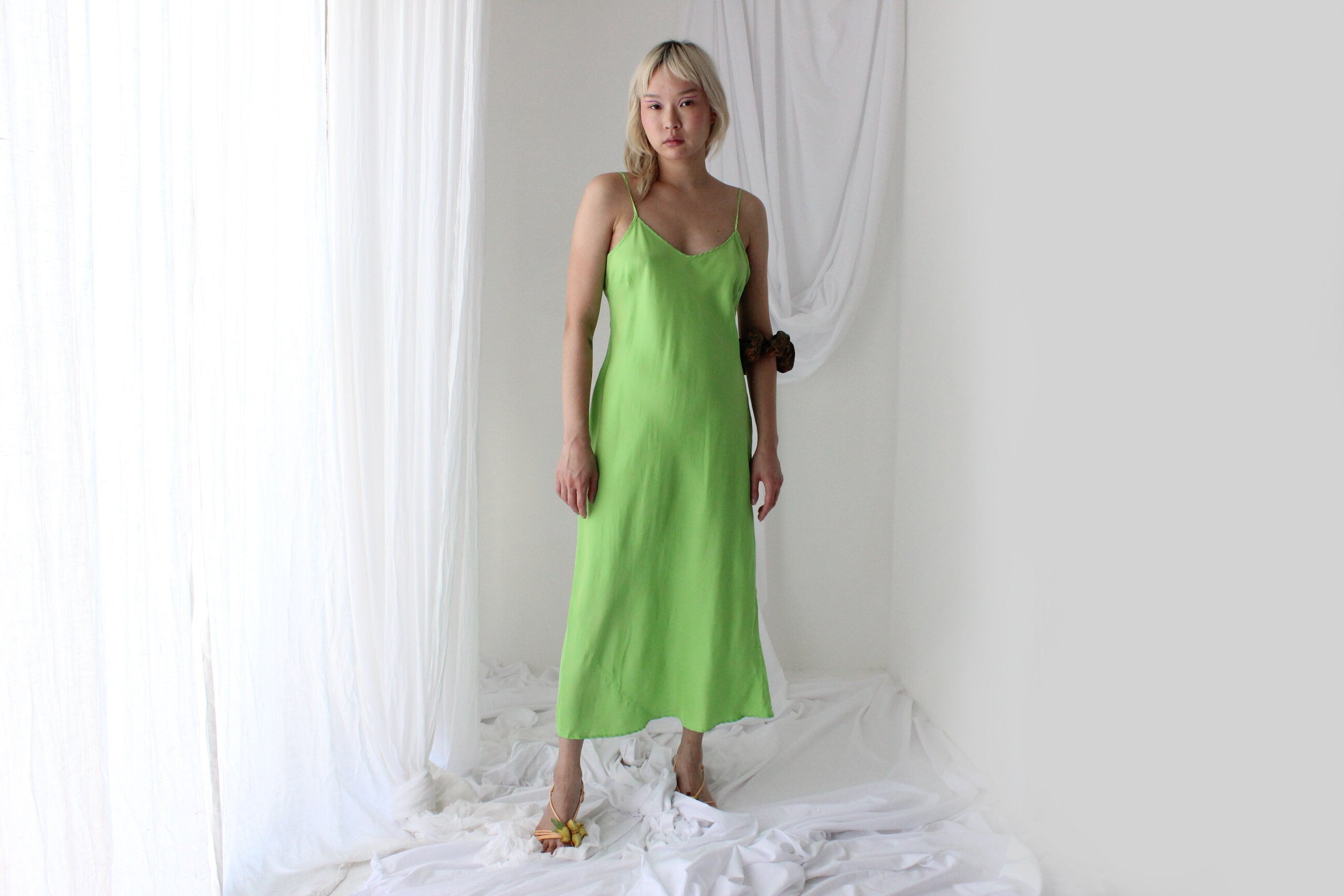 90s Pure Silk Bias Cut Slip Dress in Lime