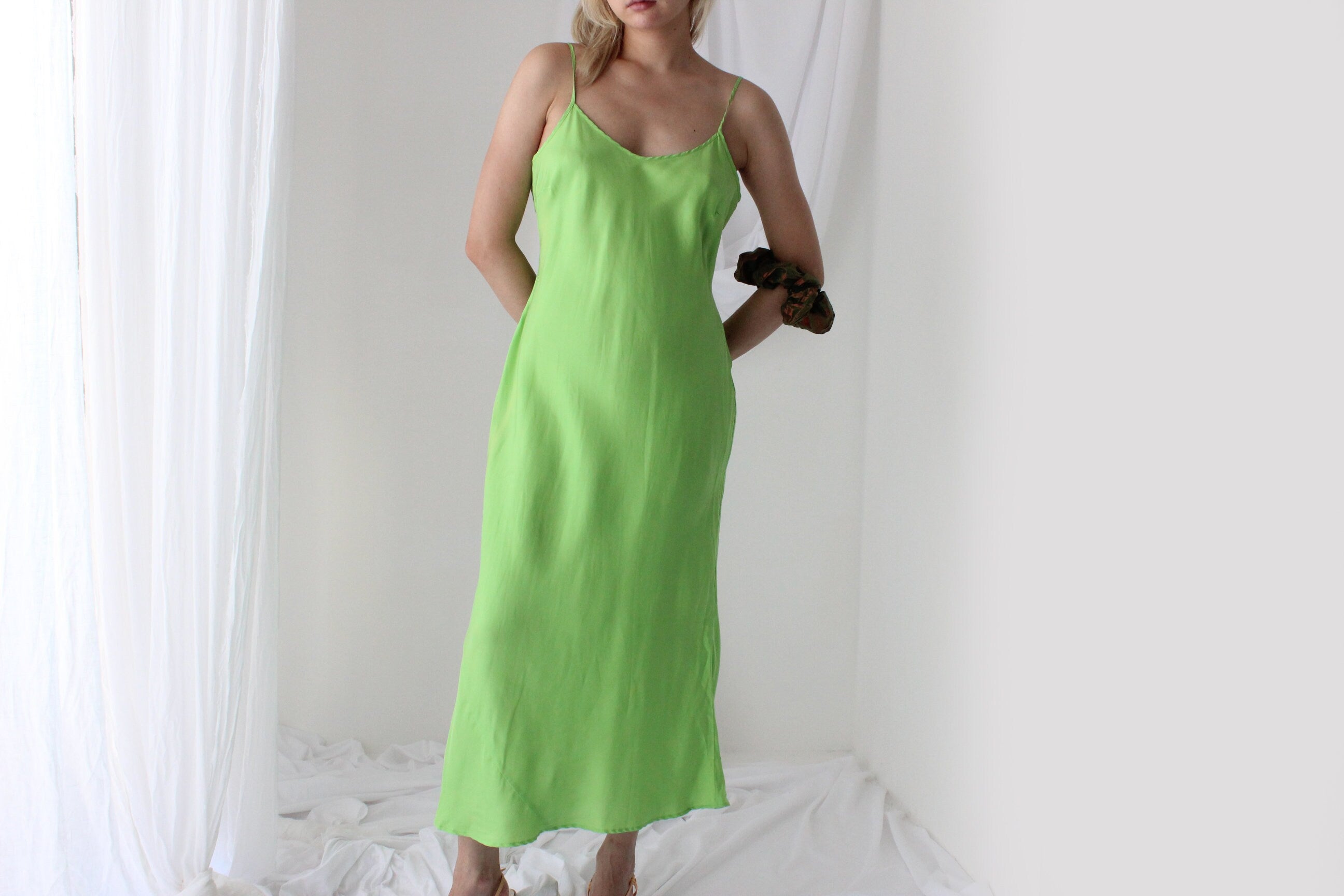 90s Pure Silk Bias Cut Slip Dress in Lime