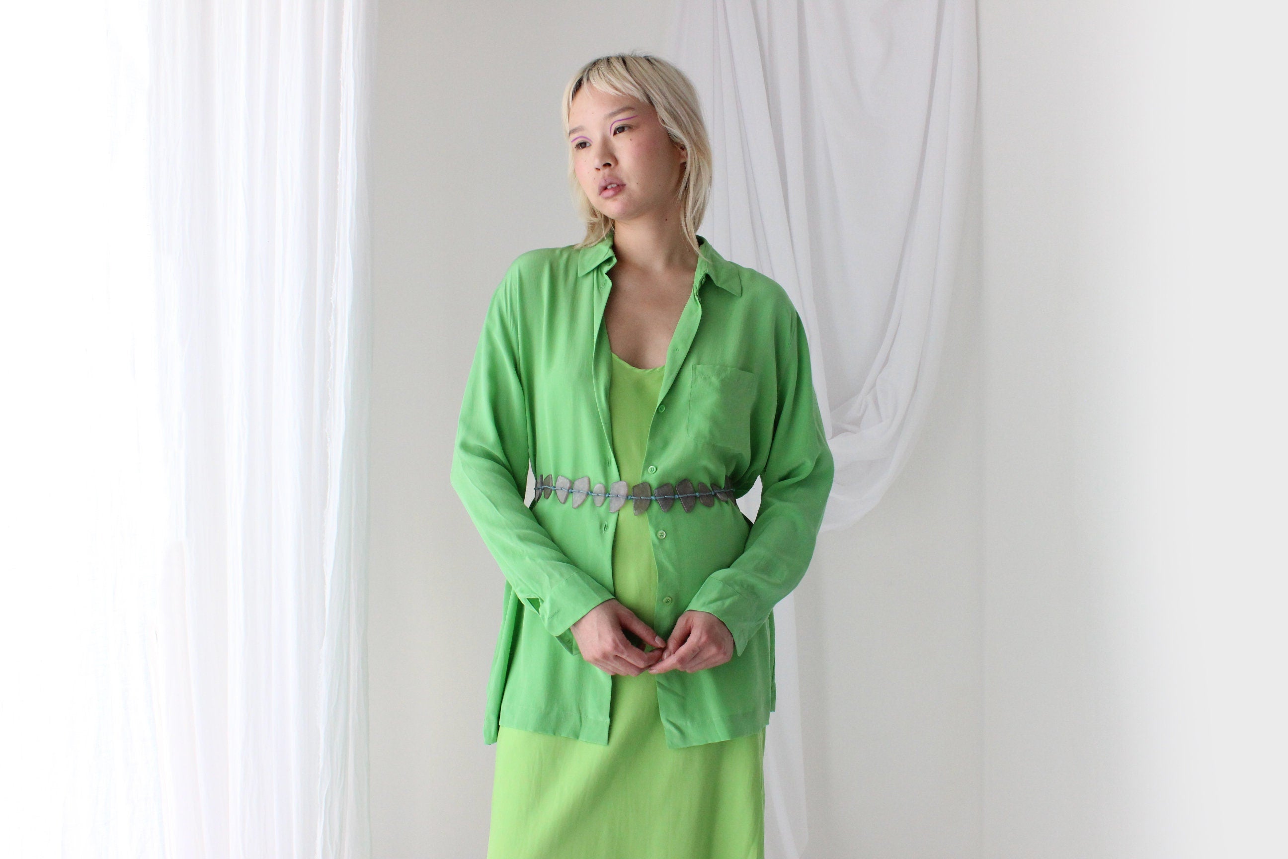 90s Silk Crêpe De Chine Luxurious Lime Green Shirt