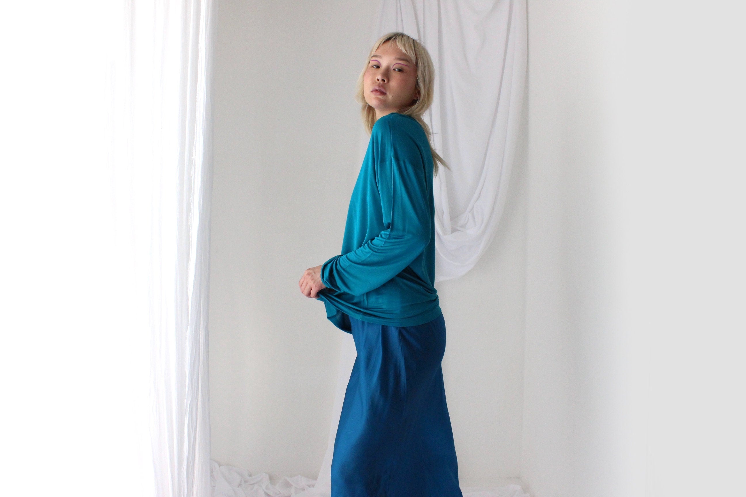 Luxury 80s PURE SILK JERSEY Minimal Slouch Top in Teal