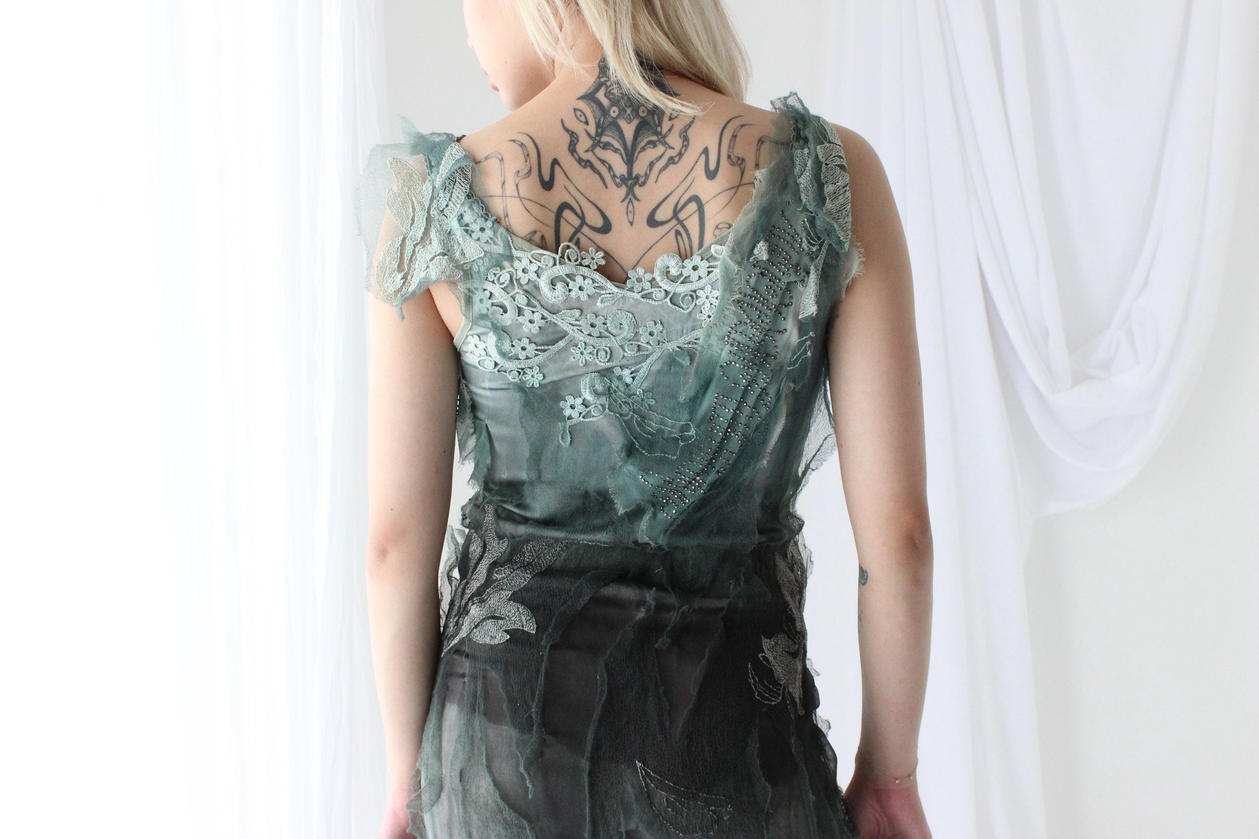 Y2K Italian Vintage Silk Evil Fairy Textured 3D Mesh & Crystal Dress