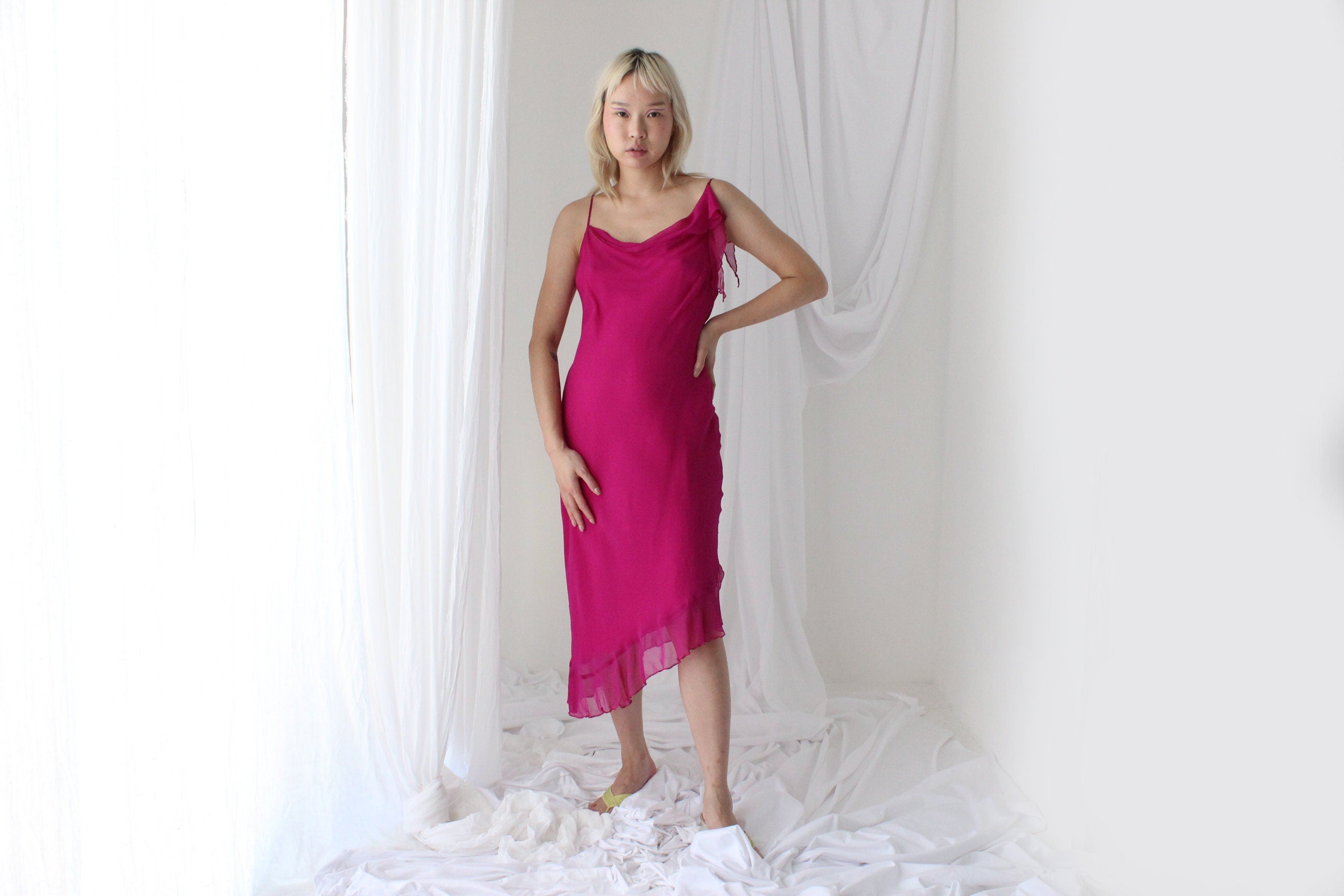 Y2K PURE SILK Fabulous Magenta Asymmetric Ruffle Dress