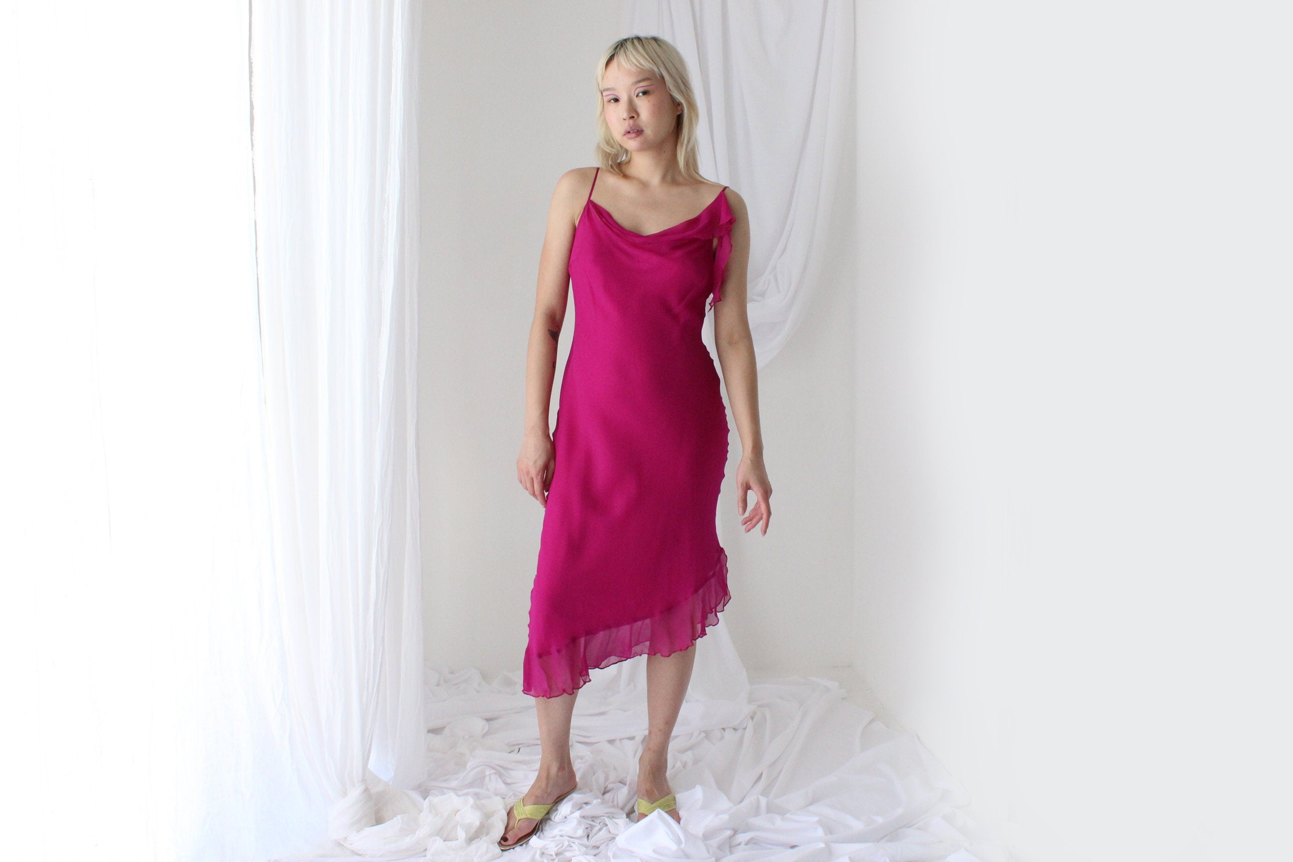 Y2K PURE SILK Fabulous Magenta Asymmetric Ruffle Dress