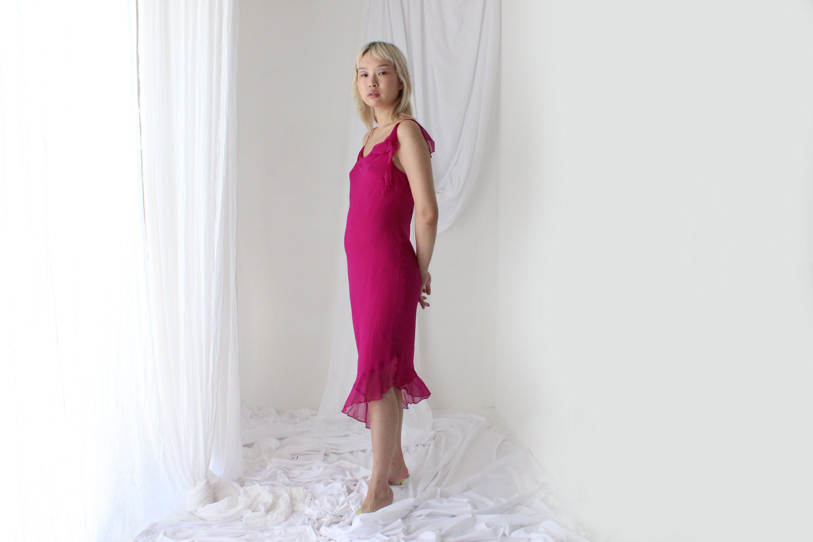 Y2K PURE SILK Fabulous Magenta Asymmetric Ruffle Dress