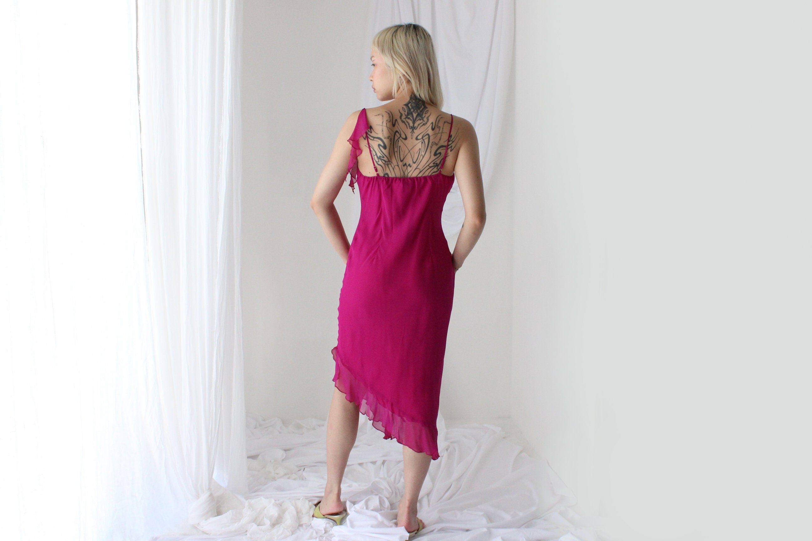 Y2K PURE SILK Fabulous Magenta Asymmetric Ruffle Dress