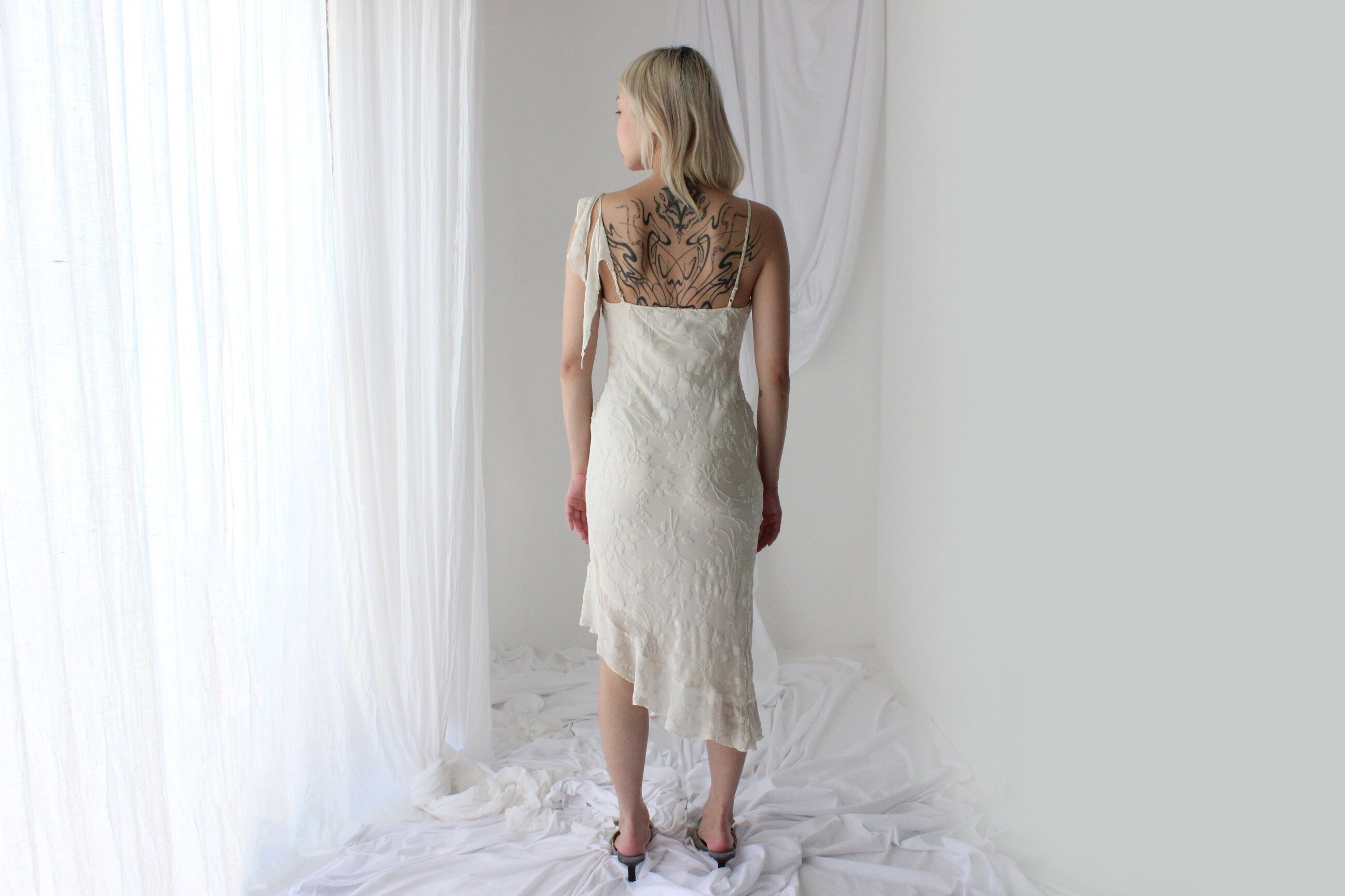 Y2K PURE SILK Ivory Velvet Burnout Asymmetric Dress