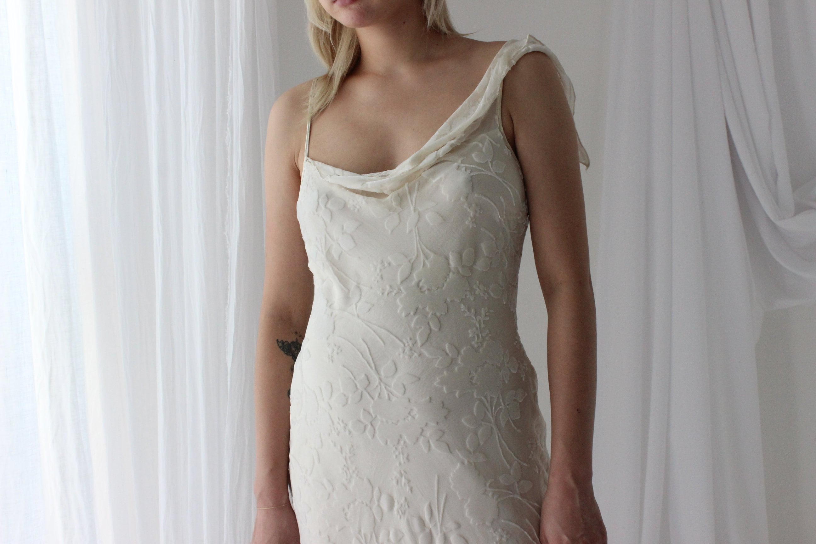 Y2K PURE SILK Ivory Velvet Burnout Asymmetric Dress