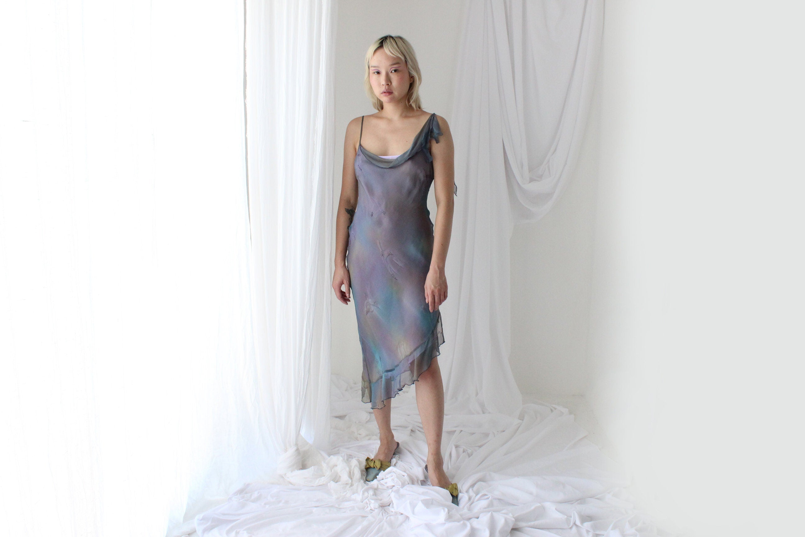 Y2K PURE SILK Faery Dress w/ Mottled Dye w/ Hand Beading